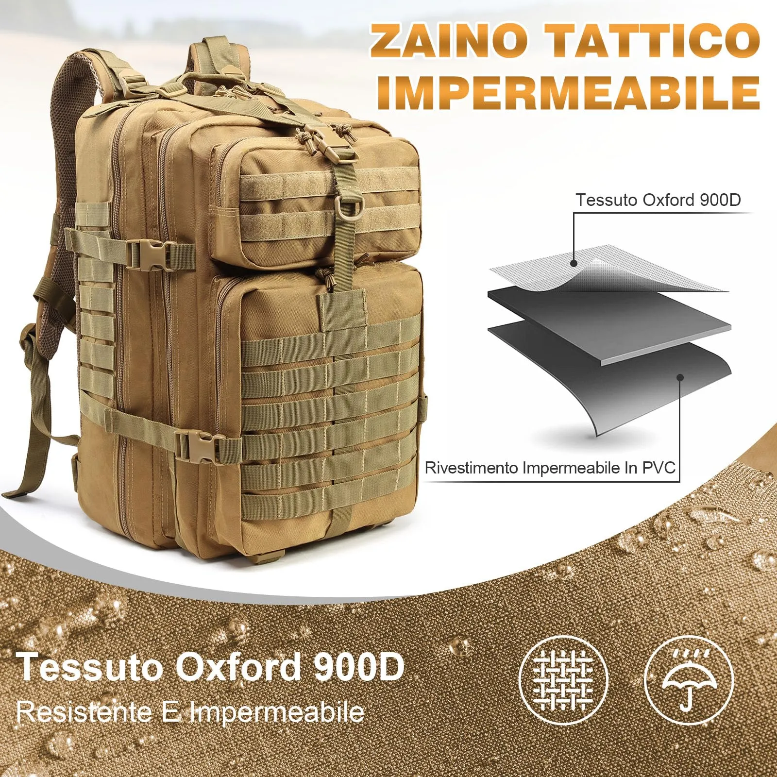 SHANNA Zaino Tattico Militare 45L Impermeabile con Sistema Molle per Hiking, Campeggio e Trekking - immagine 6