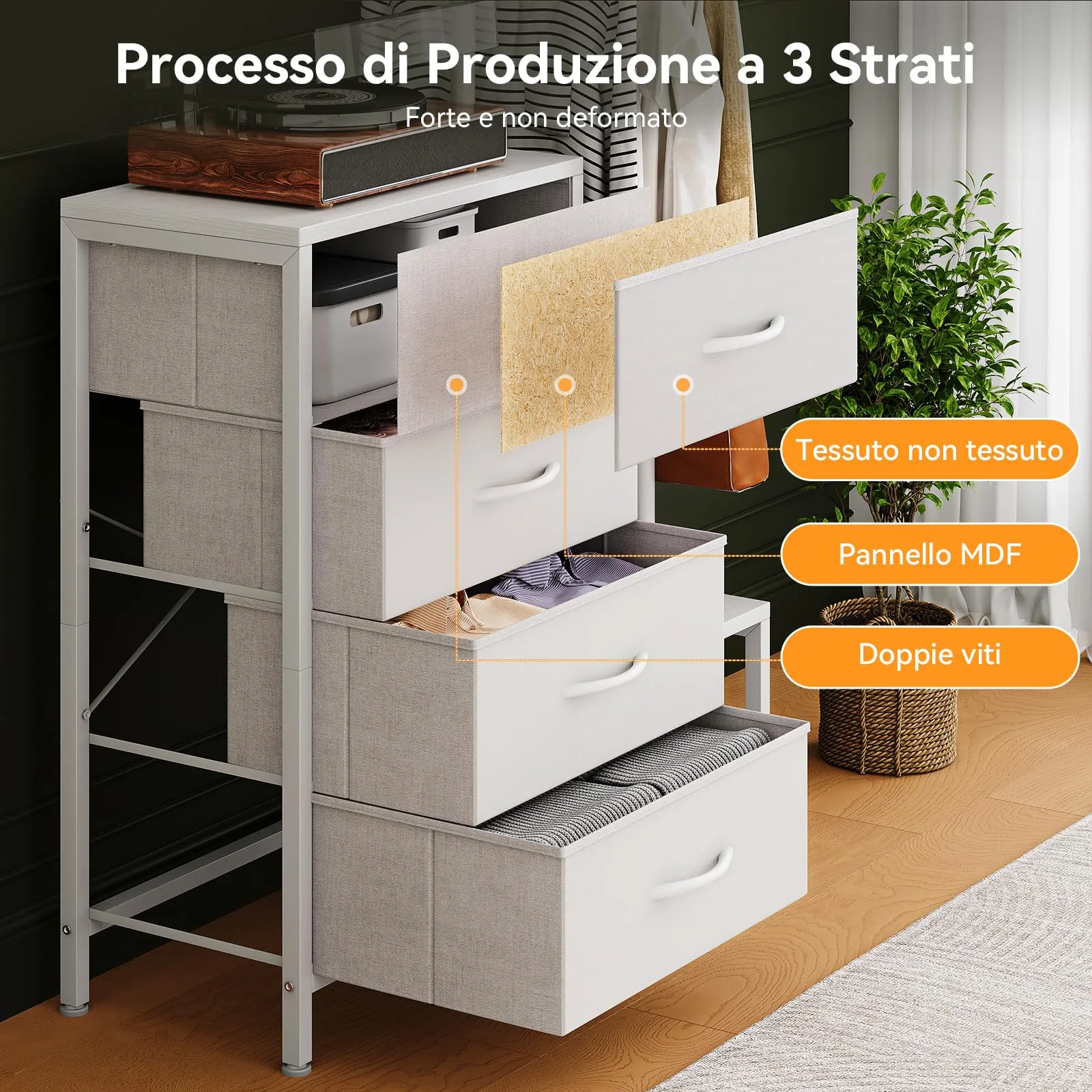 ODK Cassettiera Camera da Letto 3 in 1 con Appendiabiti, 4 Cassetti e Scarpiera, Bianco - immagine 2
