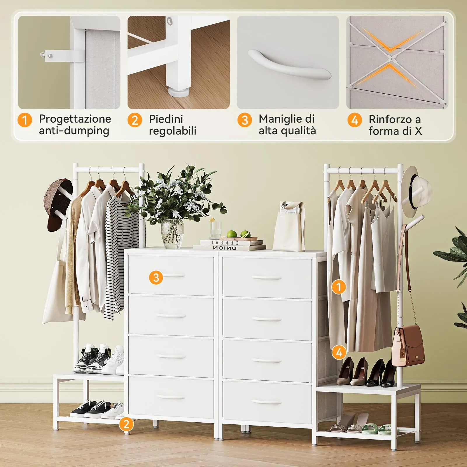 ODK Cassettiera Camera da Letto 3 in 1 con Appendiabiti, 4 Cassetti e Scarpiera, Bianco - immagine 3