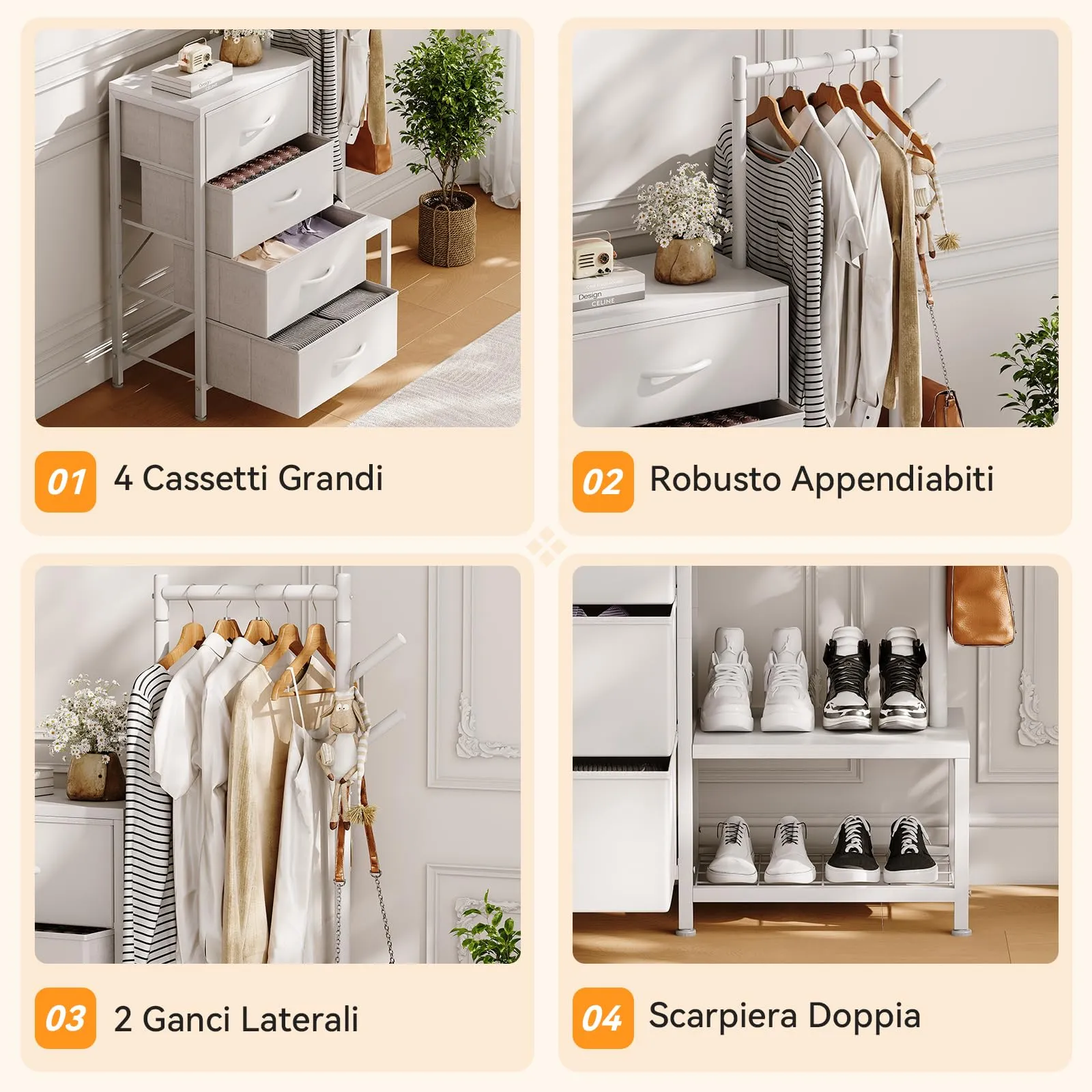 ODK Cassettiera Camera da Letto 3 in 1 con Appendiabiti, 4 Cassetti e Scarpiera, Bianco - immagine 4