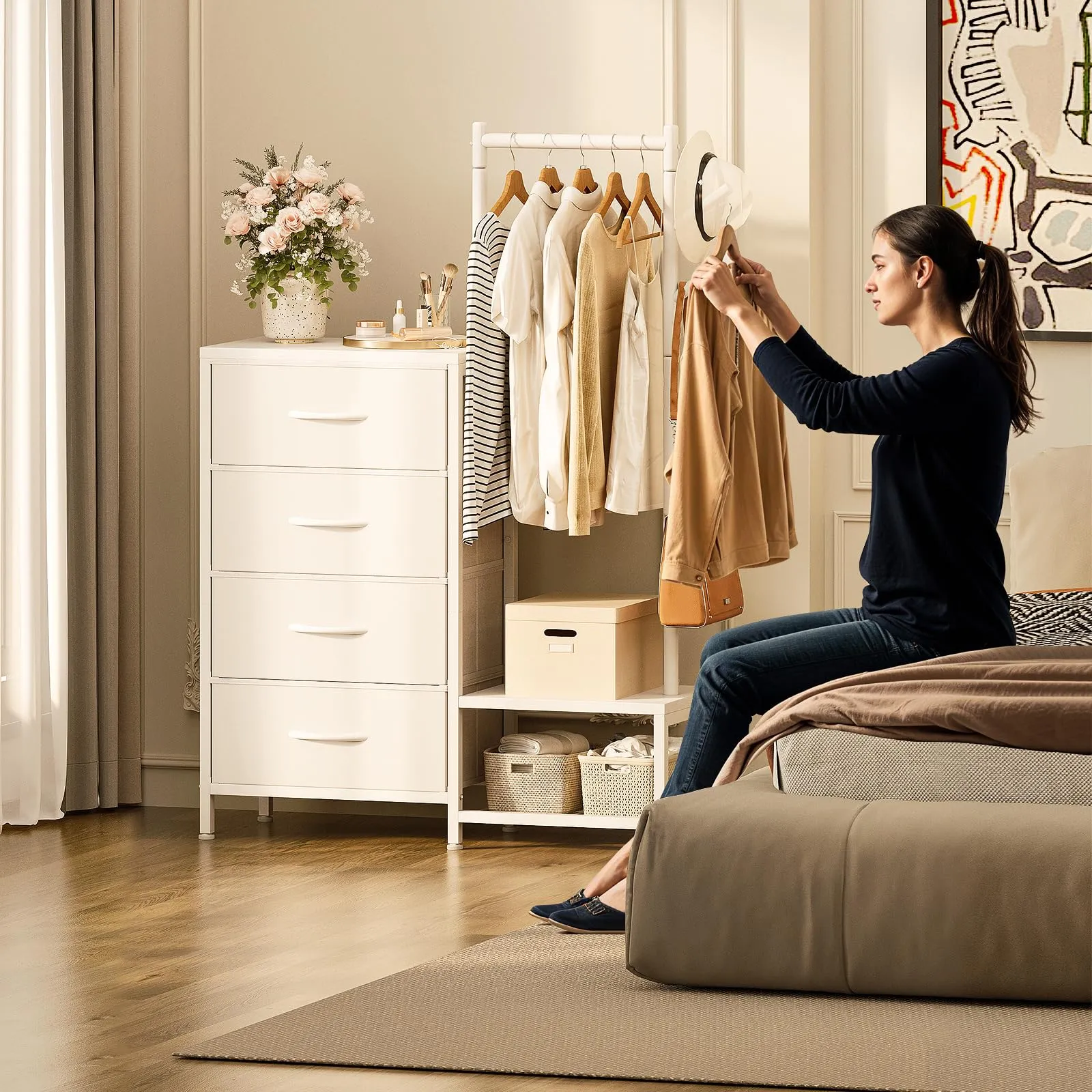 ODK Cassettiera Camera da Letto 3 in 1 con Appendiabiti, 4 Cassetti e Scarpiera, Bianco - immagine 7