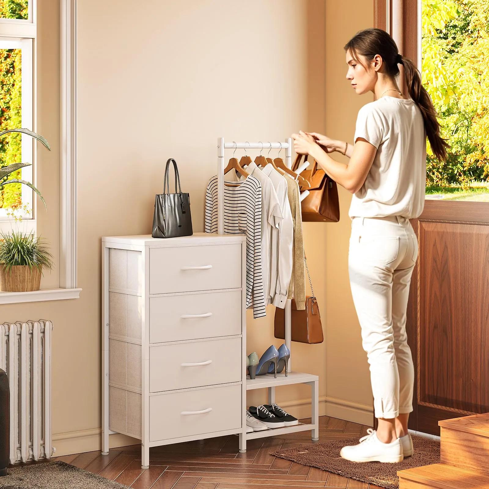 ODK Cassettiera Camera da Letto 3 in 1 con Appendiabiti, 4 Cassetti e Scarpiera, Bianco - immagine 8
