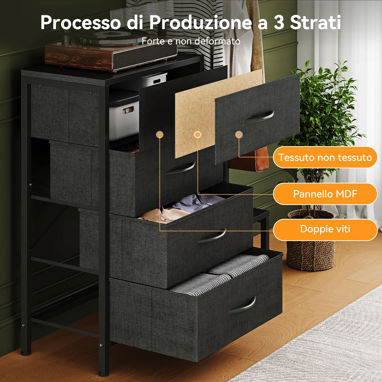 ODK Cassettiera Camera da Letto con Appendiabiti, 4 Cassetti, Nero - immagine 2