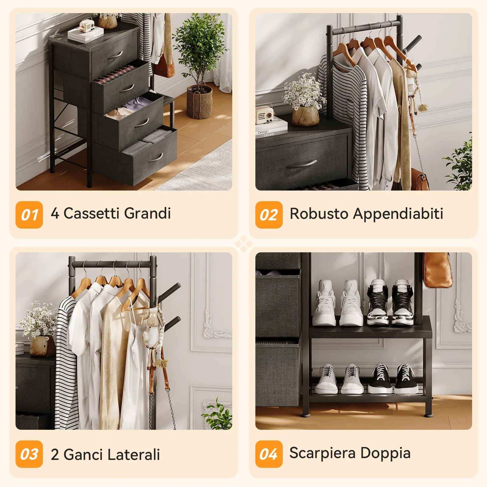 ODK Cassettiera Camera da Letto con Appendiabiti, 4 Cassetti, Nero - immagine 4