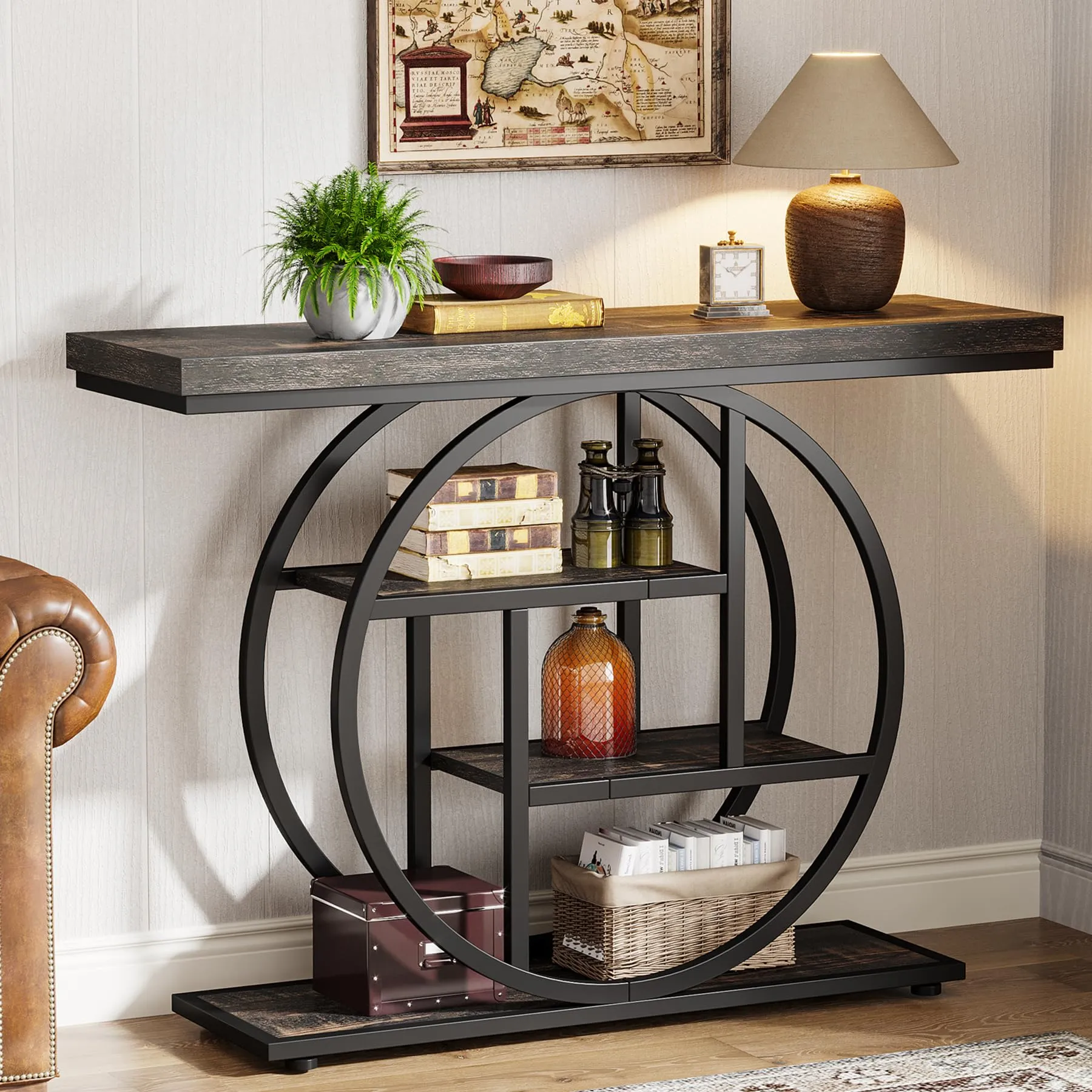 Tribesigns Tavolo Consolle Industriale 4 Livelli con Base Circolare, 104,1 cm, Nero Antracite - immagine 1