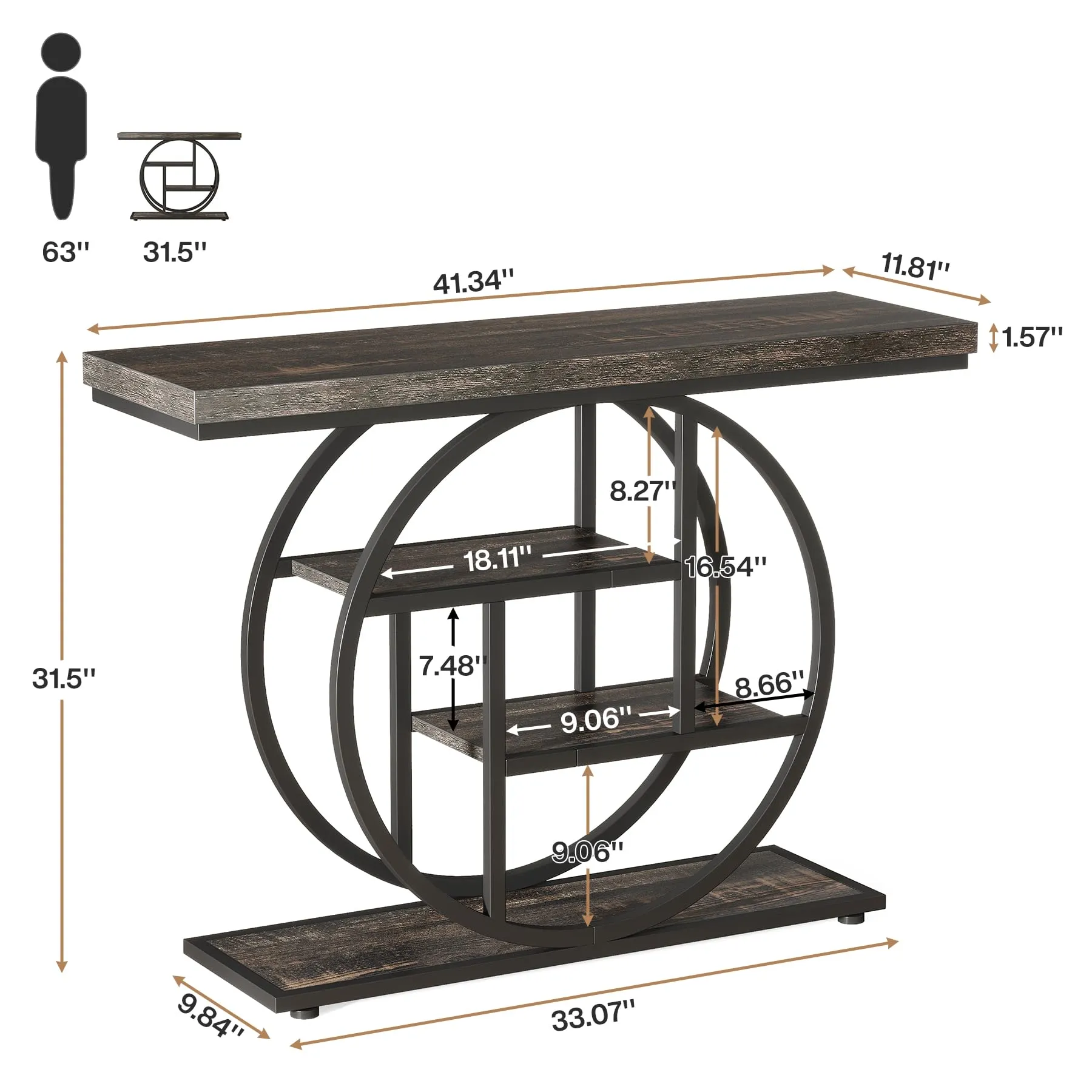 Tribesigns Tavolo Consolle Industriale 4 Livelli con Base Circolare, 104,1 cm, Nero Antracite - immagine 2