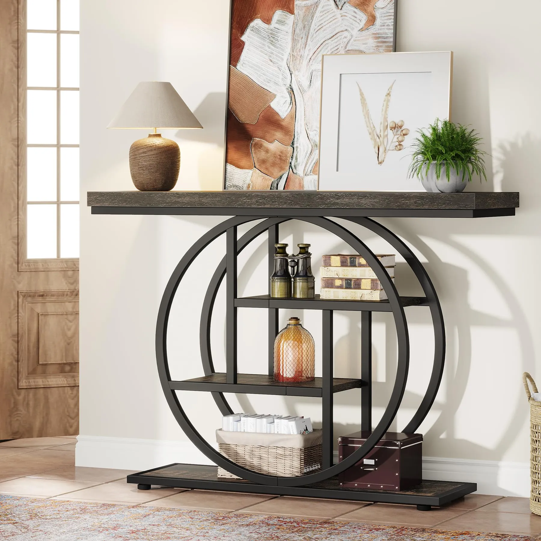 Tribesigns Tavolo Consolle Industriale 4 Livelli con Base Circolare, 104,1 cm, Nero Antracite - immagine 3