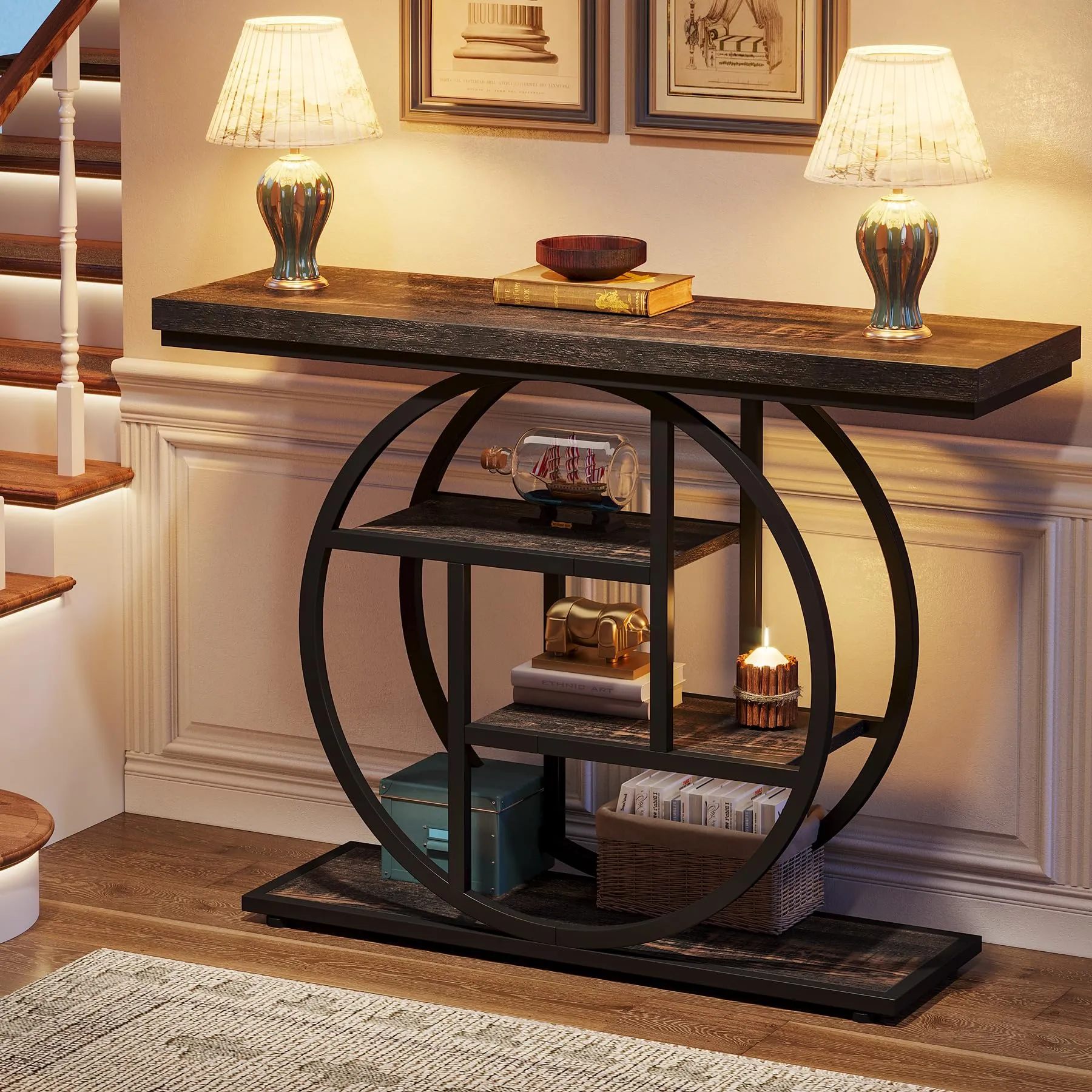 Tribesigns Tavolo Consolle Industriale 4 Livelli con Base Circolare, 104,1 cm, Nero Antracite - immagine 4