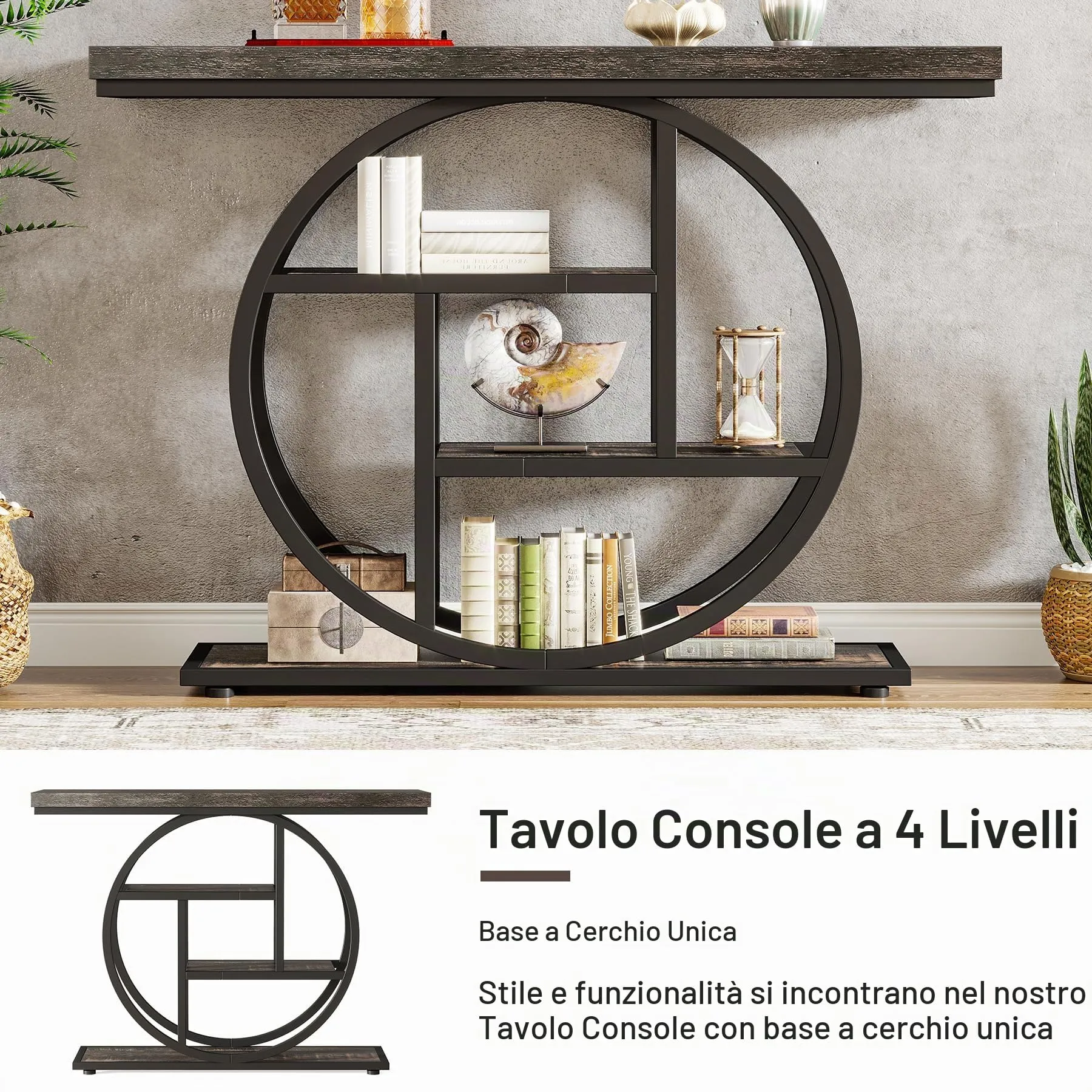 Tribesigns Tavolo Consolle Industriale 4 Livelli con Base Circolare, 104,1 cm, Nero Antracite - immagine 5