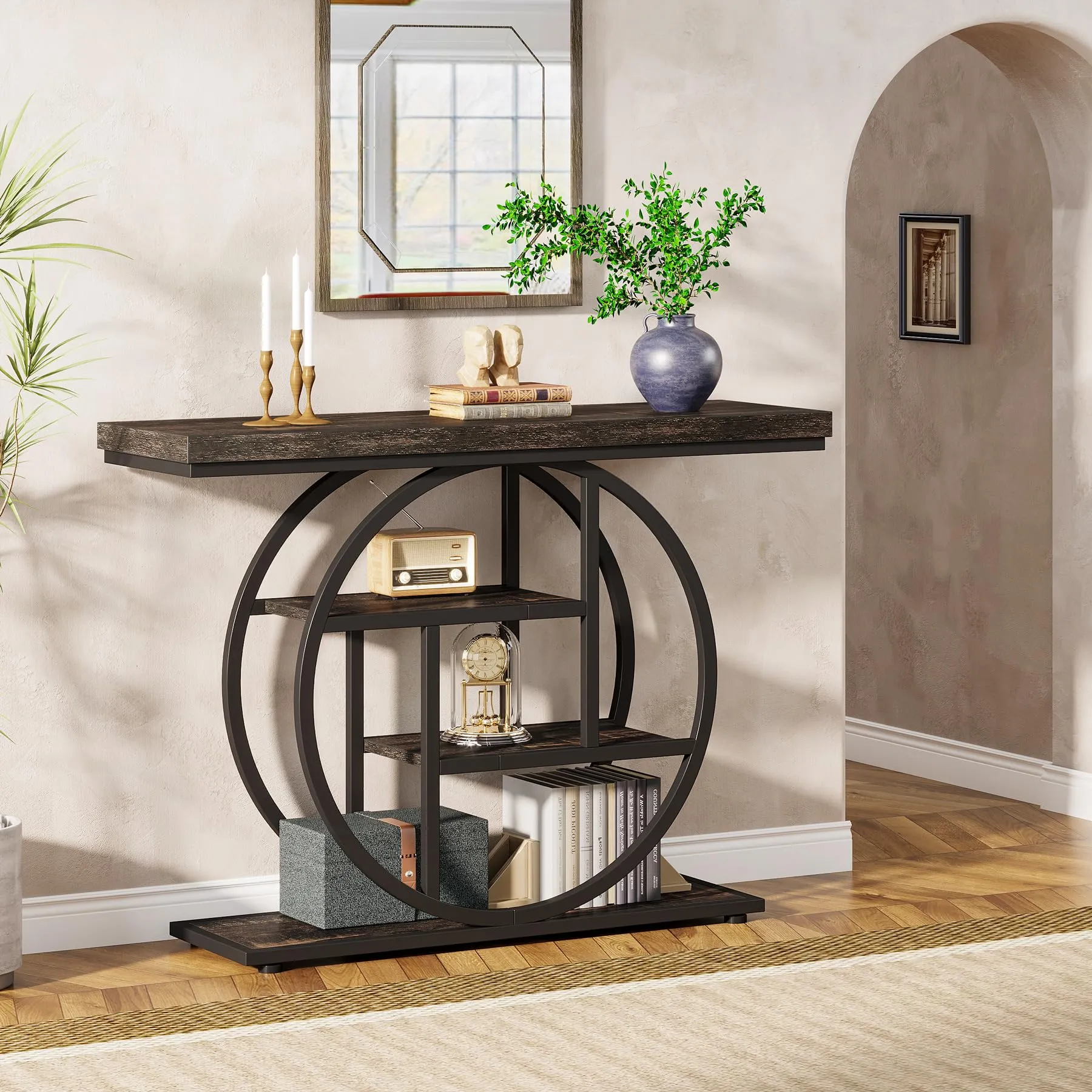 Tribesigns Tavolo Consolle Industriale 4 Livelli con Base Circolare, 104,1 cm, Nero Antracite - immagine 8