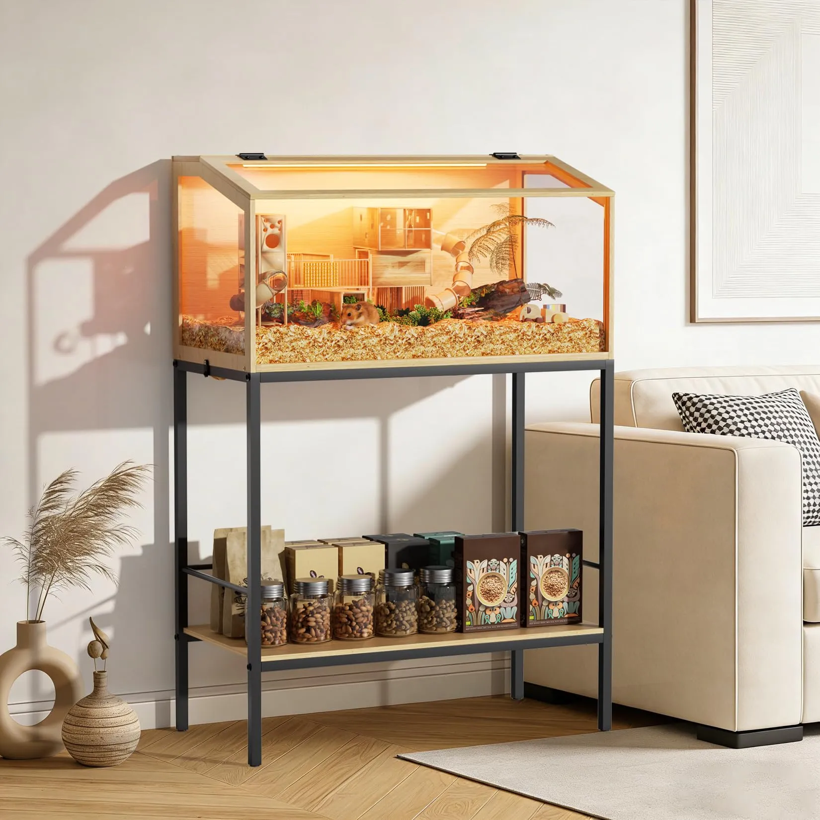 BingoPaw Gabbia per Criceti 80cm con Mobile Base, Legno e Vetro Temperato con Luce - immagine 1