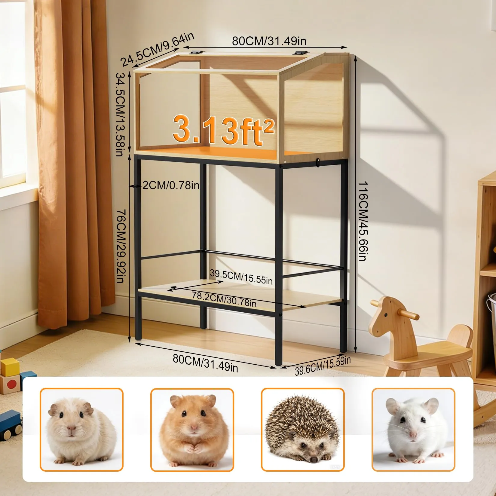 BingoPaw Gabbia per Criceti 80cm con Mobile Base, Legno e Vetro Temperato con Luce - immagine 2