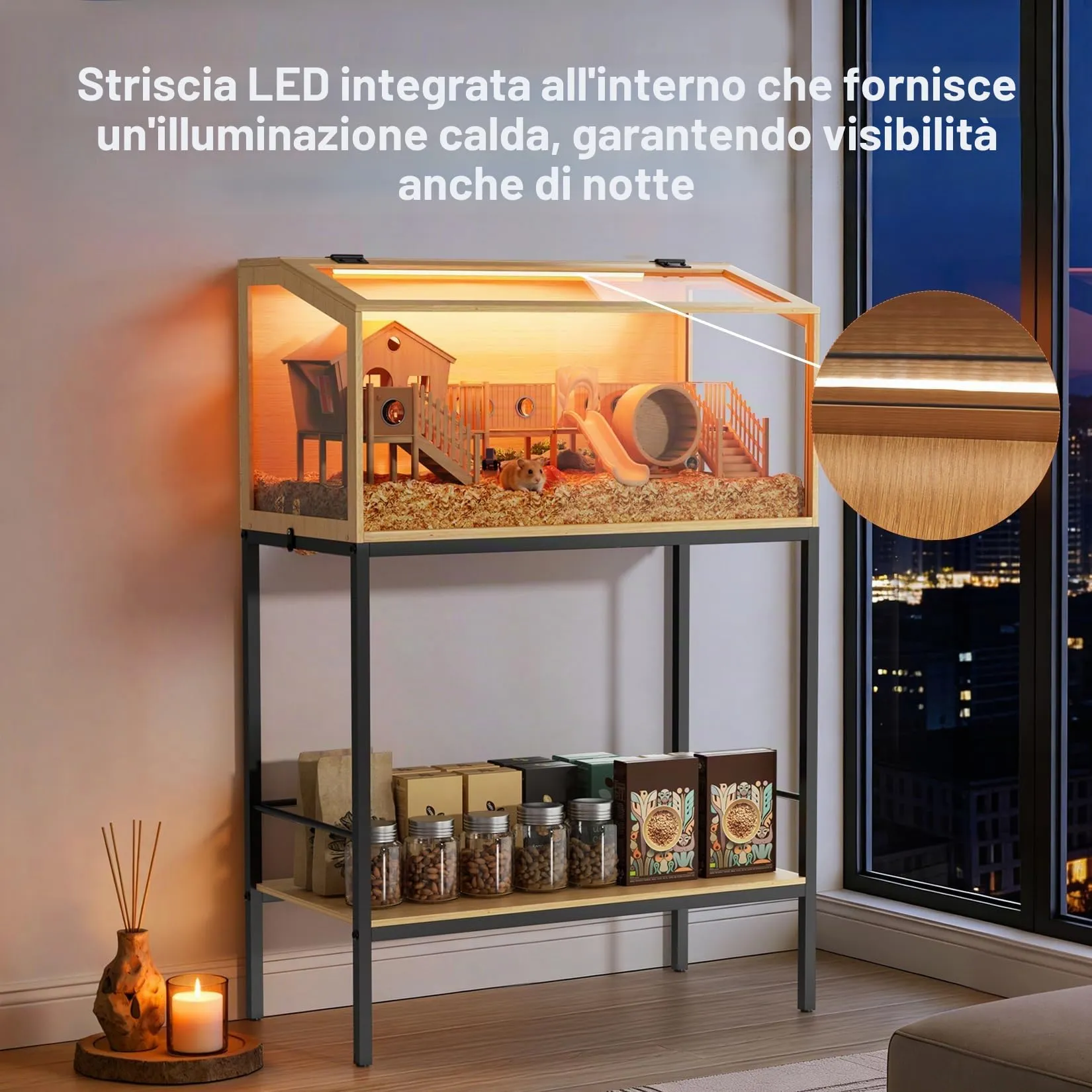 BingoPaw Gabbia per Criceti 80cm con Mobile Base, Legno e Vetro Temperato con Luce - immagine 3