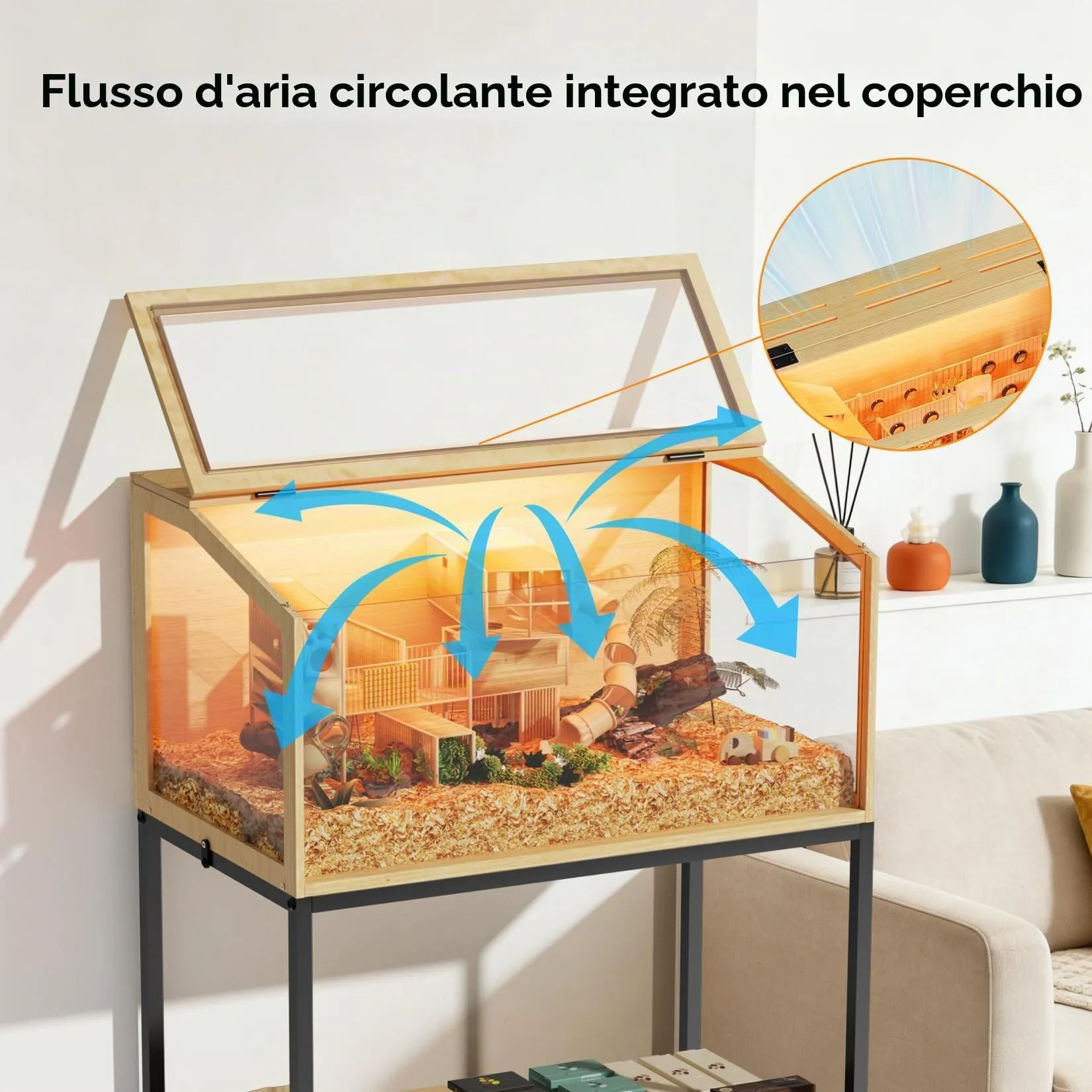 BingoPaw Gabbia per Criceti 80cm con Mobile Base, Legno e Vetro Temperato con Luce - immagine 4