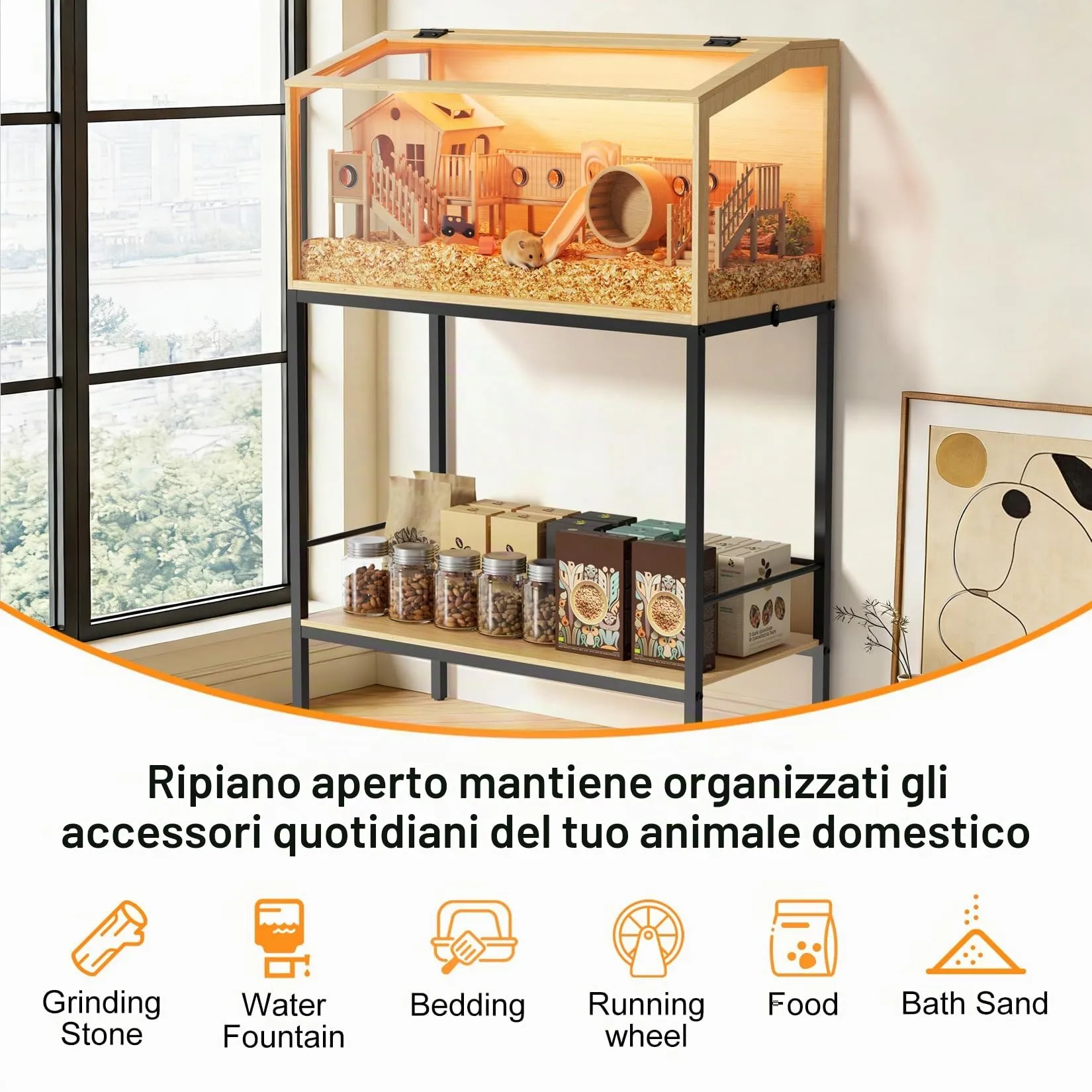 BingoPaw Gabbia per Criceti 80cm con Mobile Base, Legno e Vetro Temperato con Luce - immagine 8