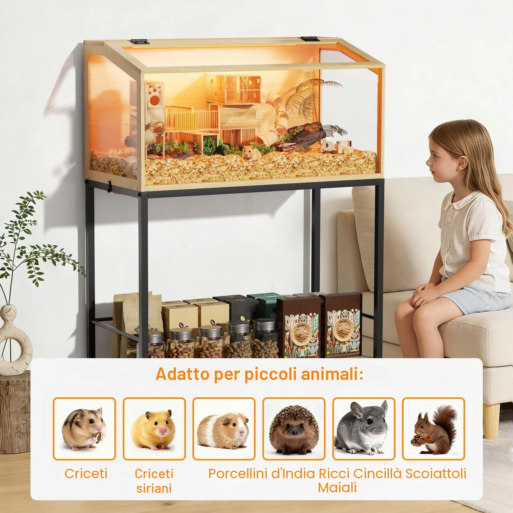BingoPaw Gabbia per Criceti 80cm con Mobile Base, Legno e Vetro Temperato con Luce - immagine 9