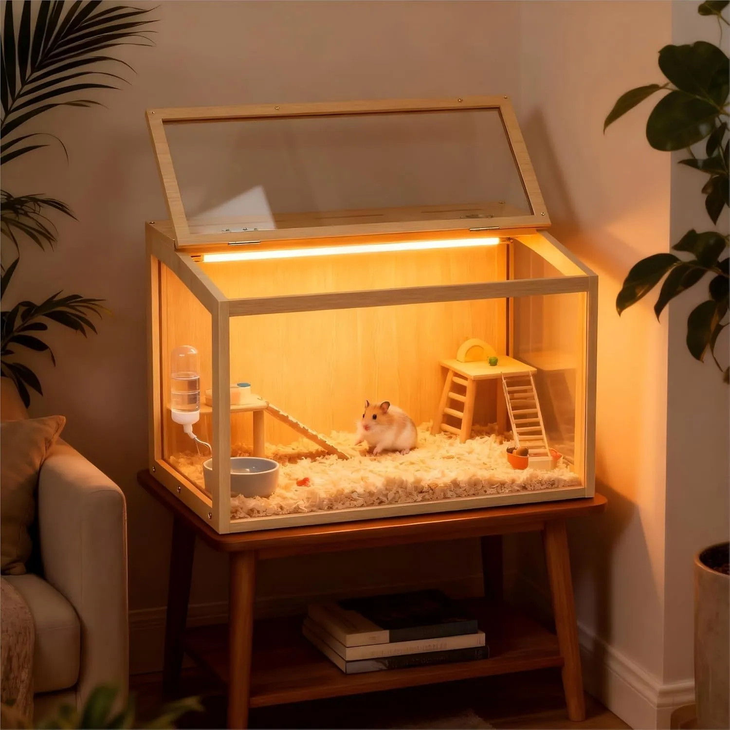 BingoPaw Gabbia per Criceti in Legno e Vetro Temperato con Luce, 60x40x40cm - immagine 2