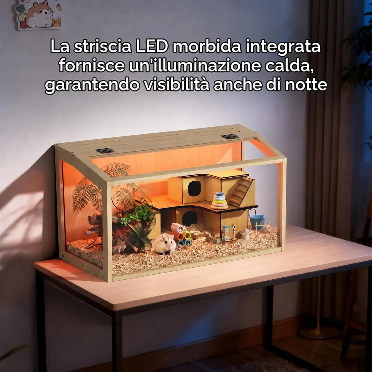 BingoPaw Gabbia per Criceti in Legno e Vetro Temperato con Luce, 60x40x40cm - immagine 3