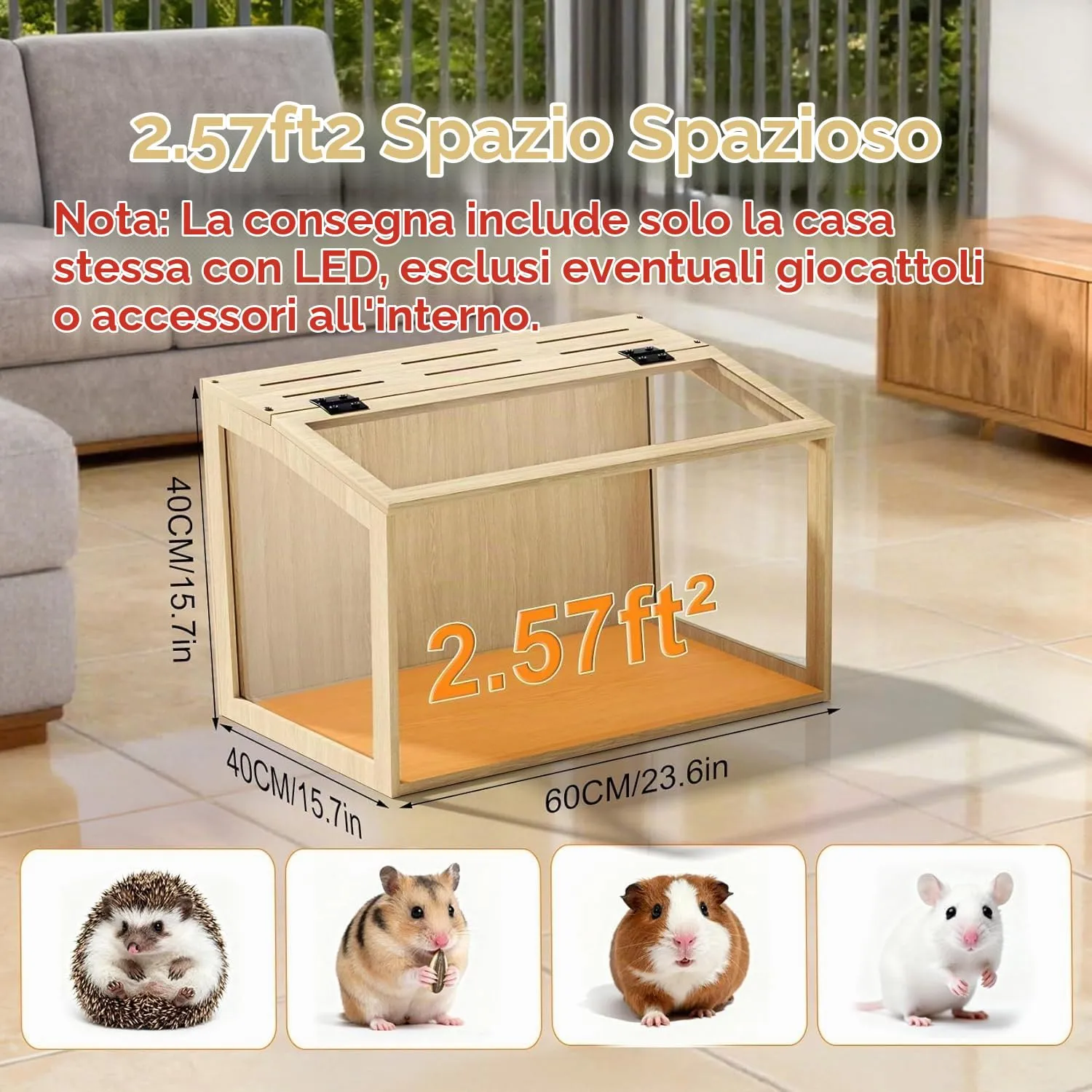 BingoPaw Gabbia per Criceti in Legno e Vetro Temperato con Luce, 60x40x40cm - immagine 5