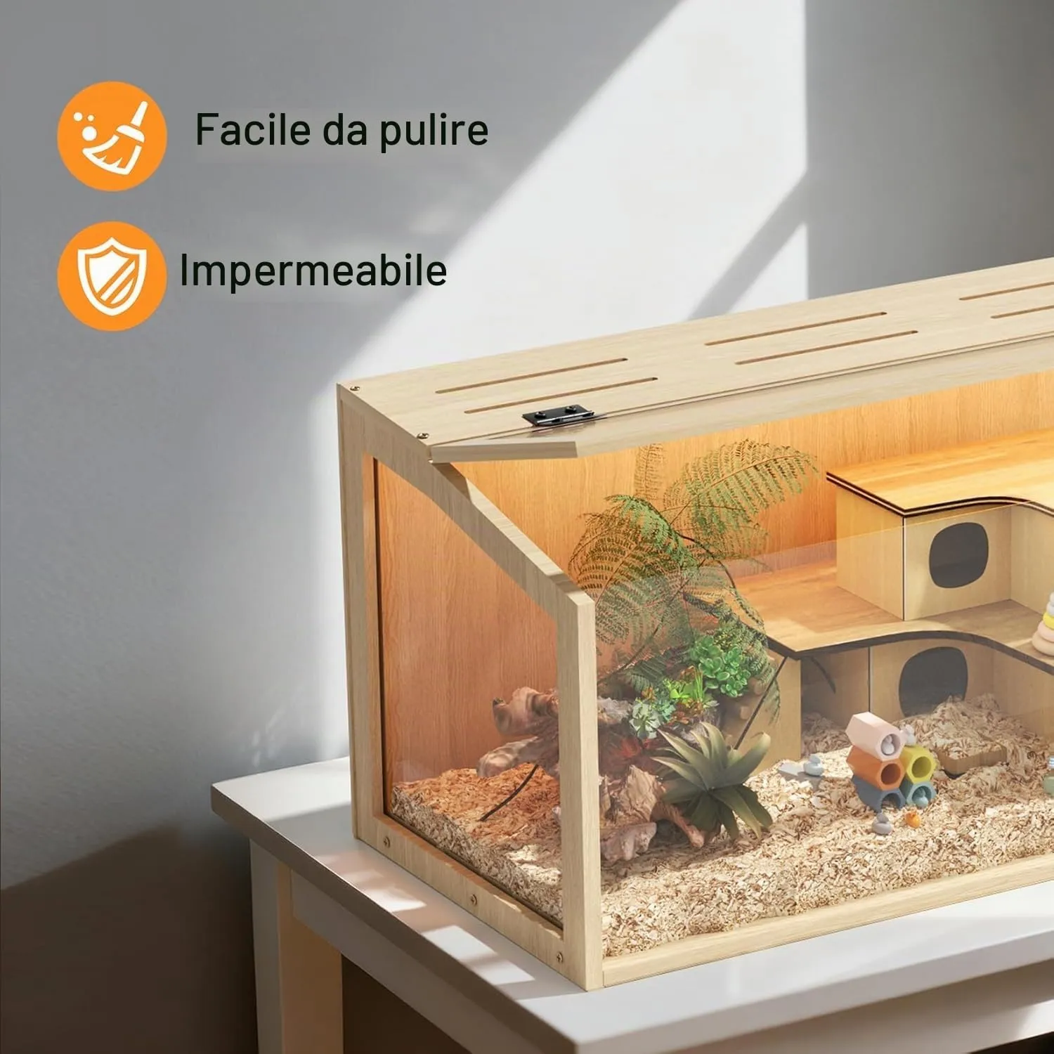 BingoPaw Gabbia per Criceti in Legno e Vetro Temperato con Luce, 60x40x40cm - immagine 8