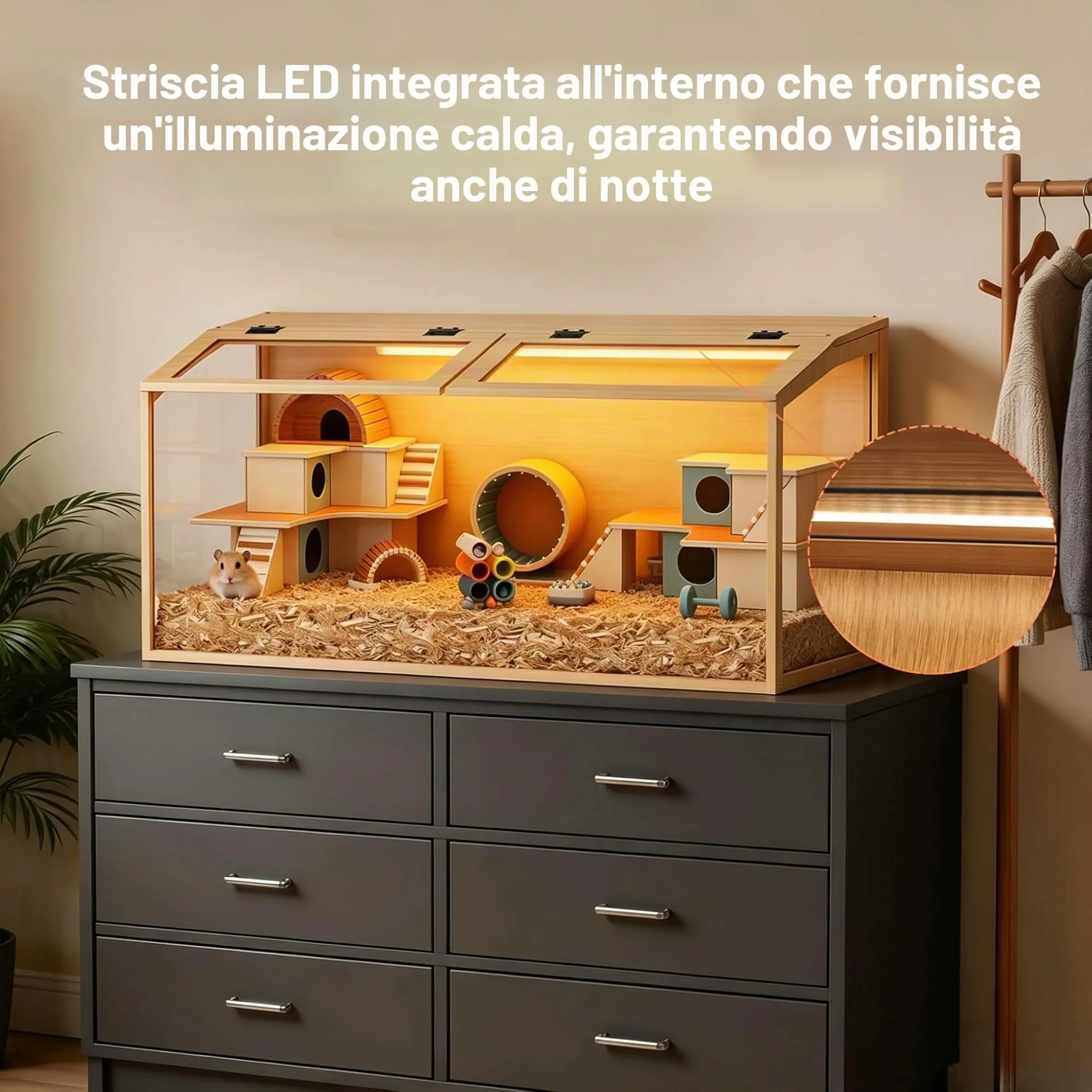 BingoPaw Gabbia per Criceti in Legno e Vetro Temperato con Luce, 100,7x50x50cm - immagine 2