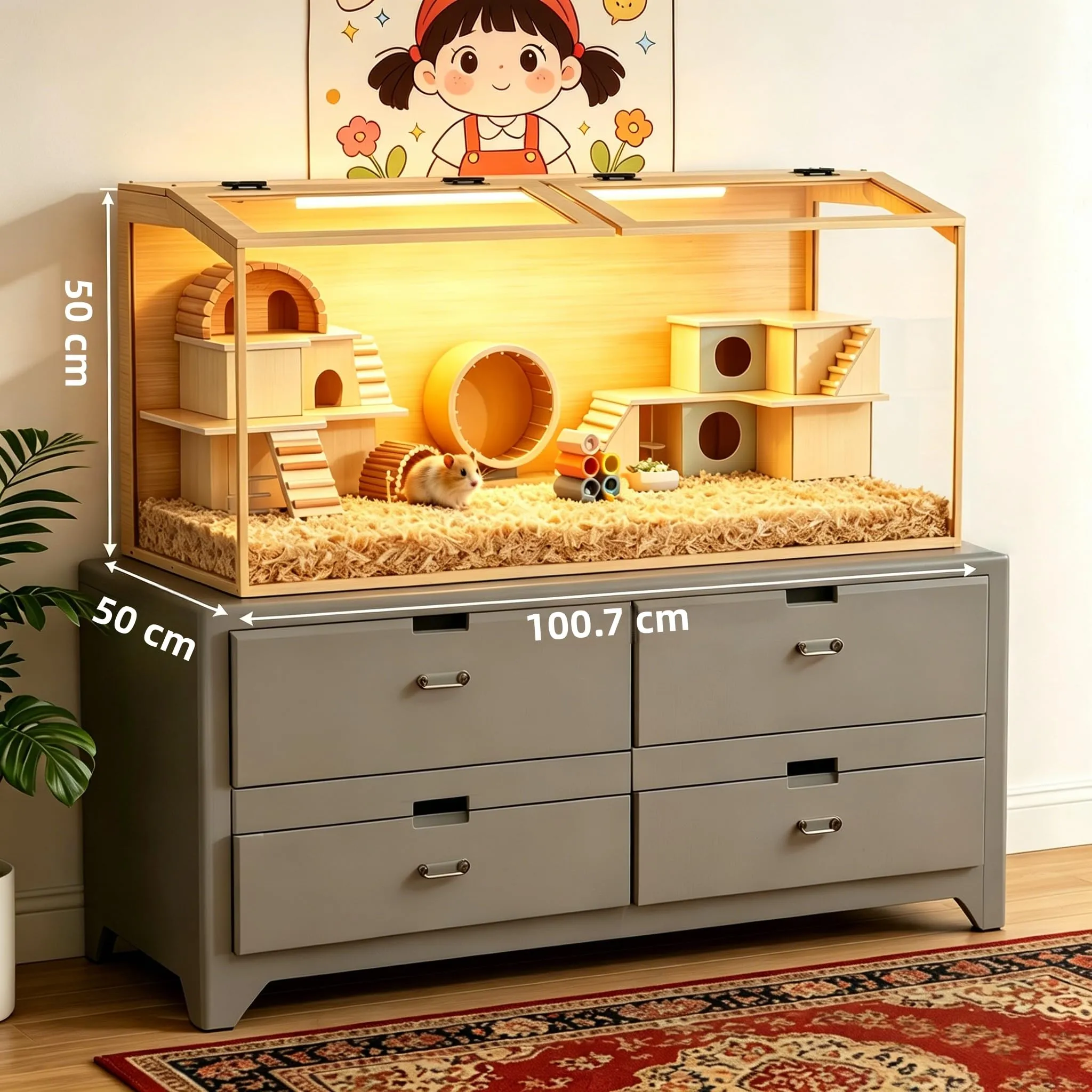 BingoPaw Gabbia per Criceti in Legno e Vetro Temperato con Luce, 100,7x50x50cm - immagine 3