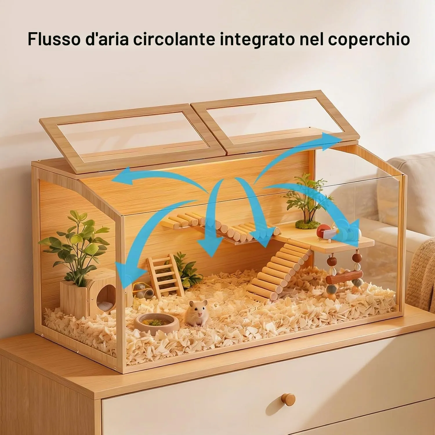 BingoPaw Gabbia per Criceti in Legno e Vetro Temperato con Luce, 100,7x50x50cm - immagine 4