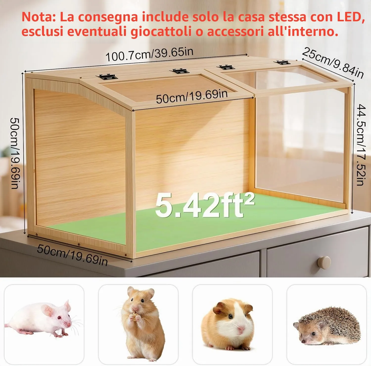 BingoPaw Gabbia per Criceti in Legno e Vetro Temperato con Luce, 100,7x50x50cm - immagine 7
