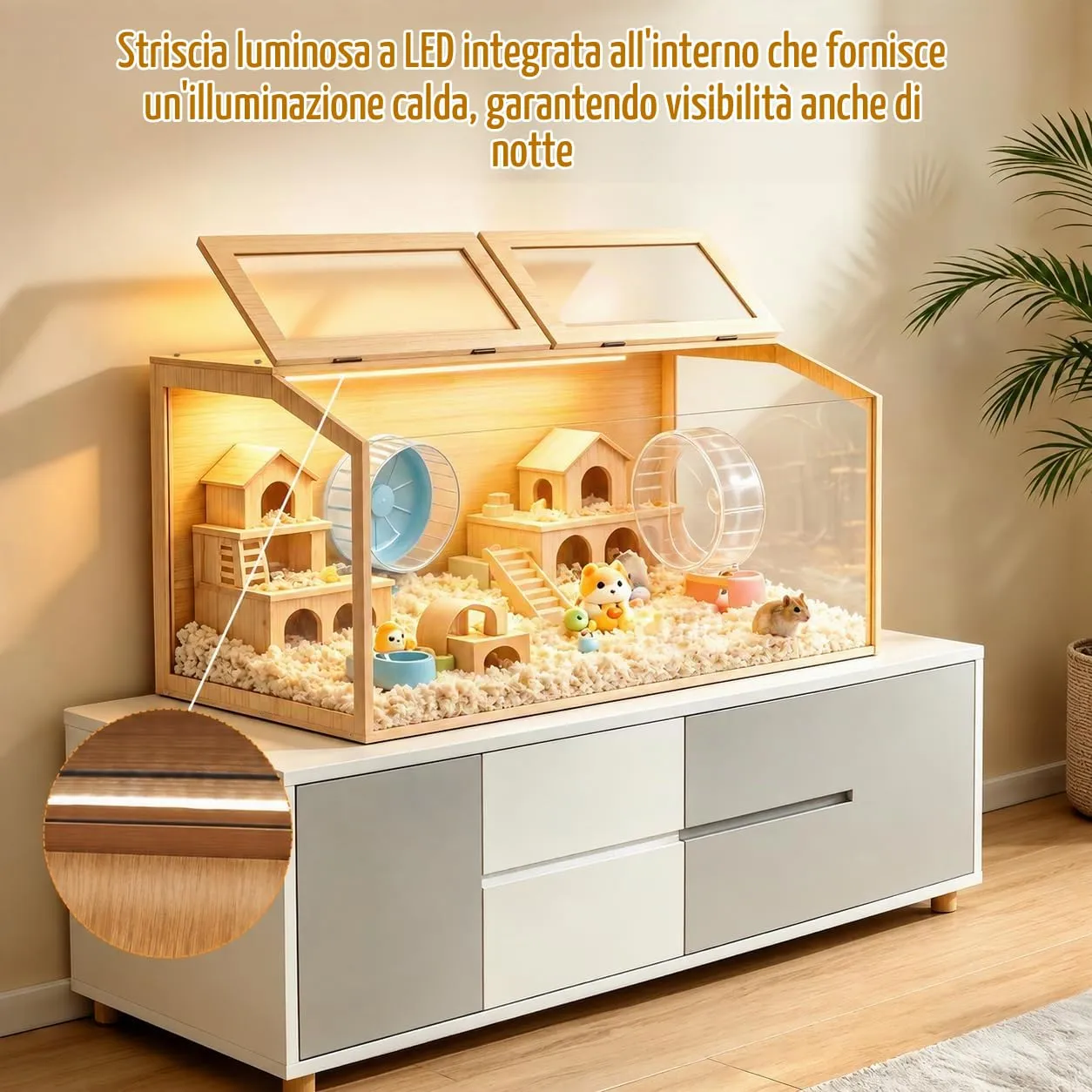 BingoPaw Gabbia per Criceti 120x60x60cm in Legno e Vetro Temperato con Luce - immagine 2