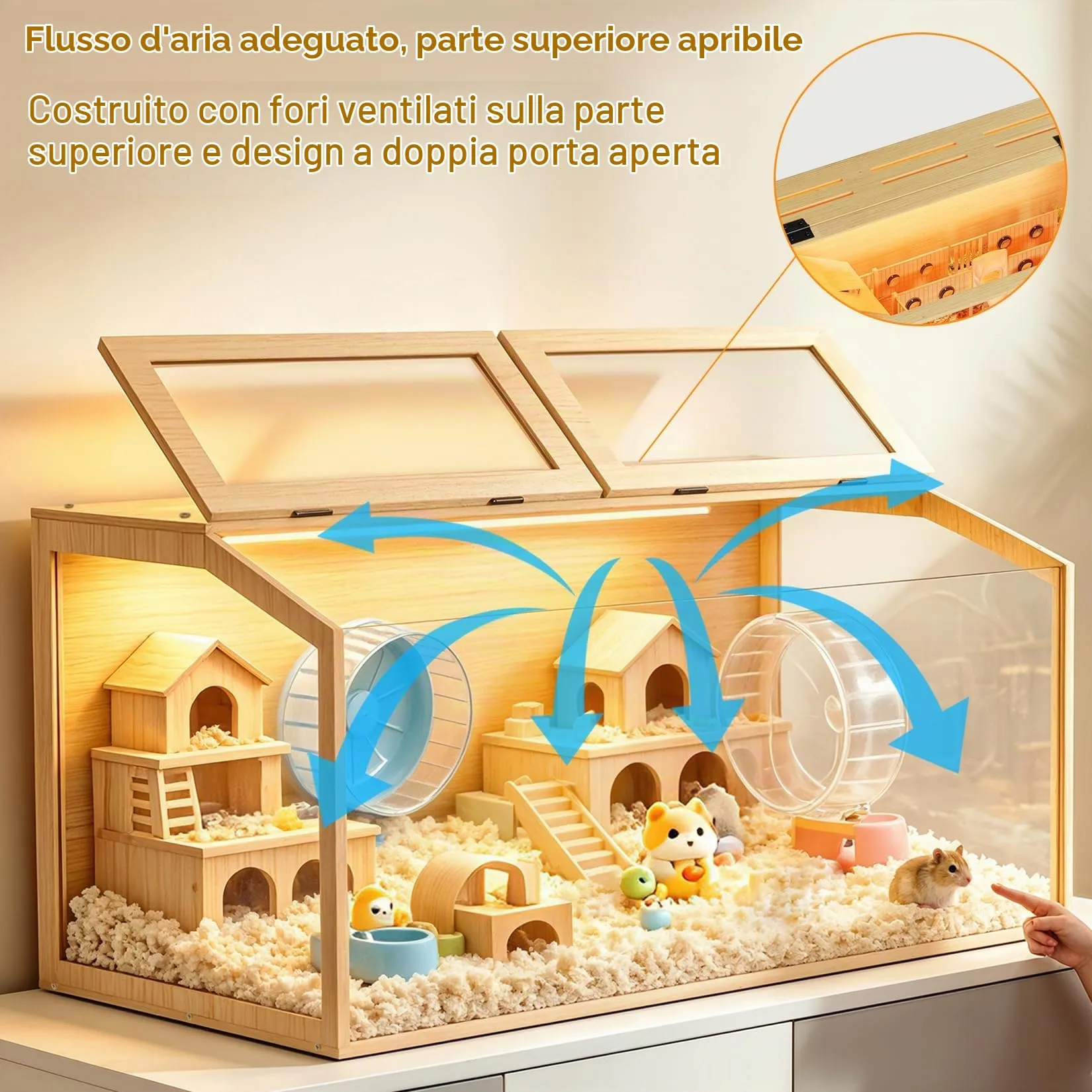 BingoPaw Gabbia per Criceti 120x60x60cm in Legno e Vetro Temperato con Luce - immagine 4