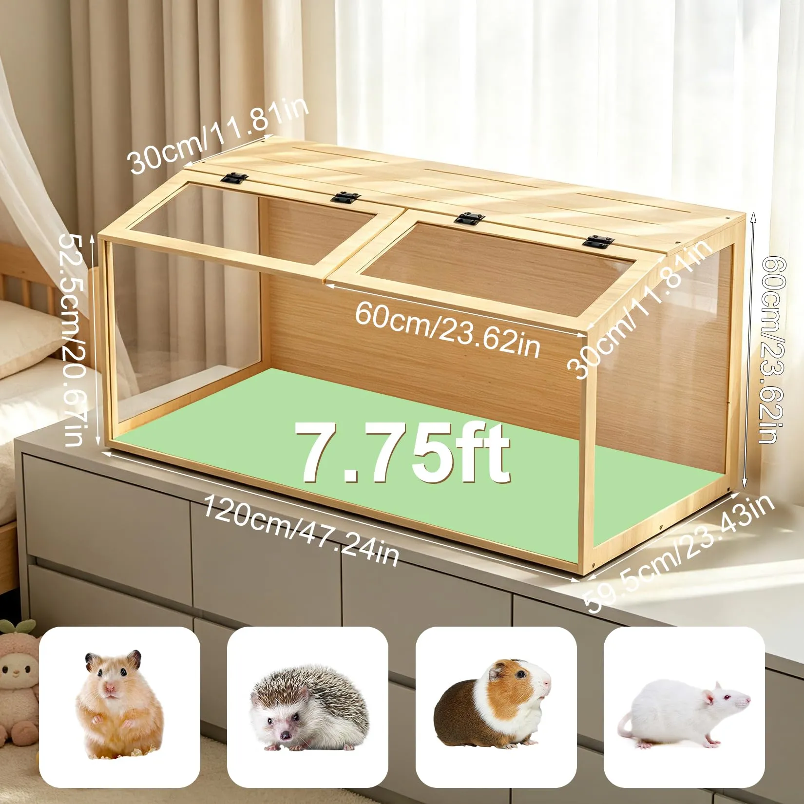BingoPaw Gabbia per Criceti 120x60x60cm in Legno e Vetro Temperato con Luce - immagine 5