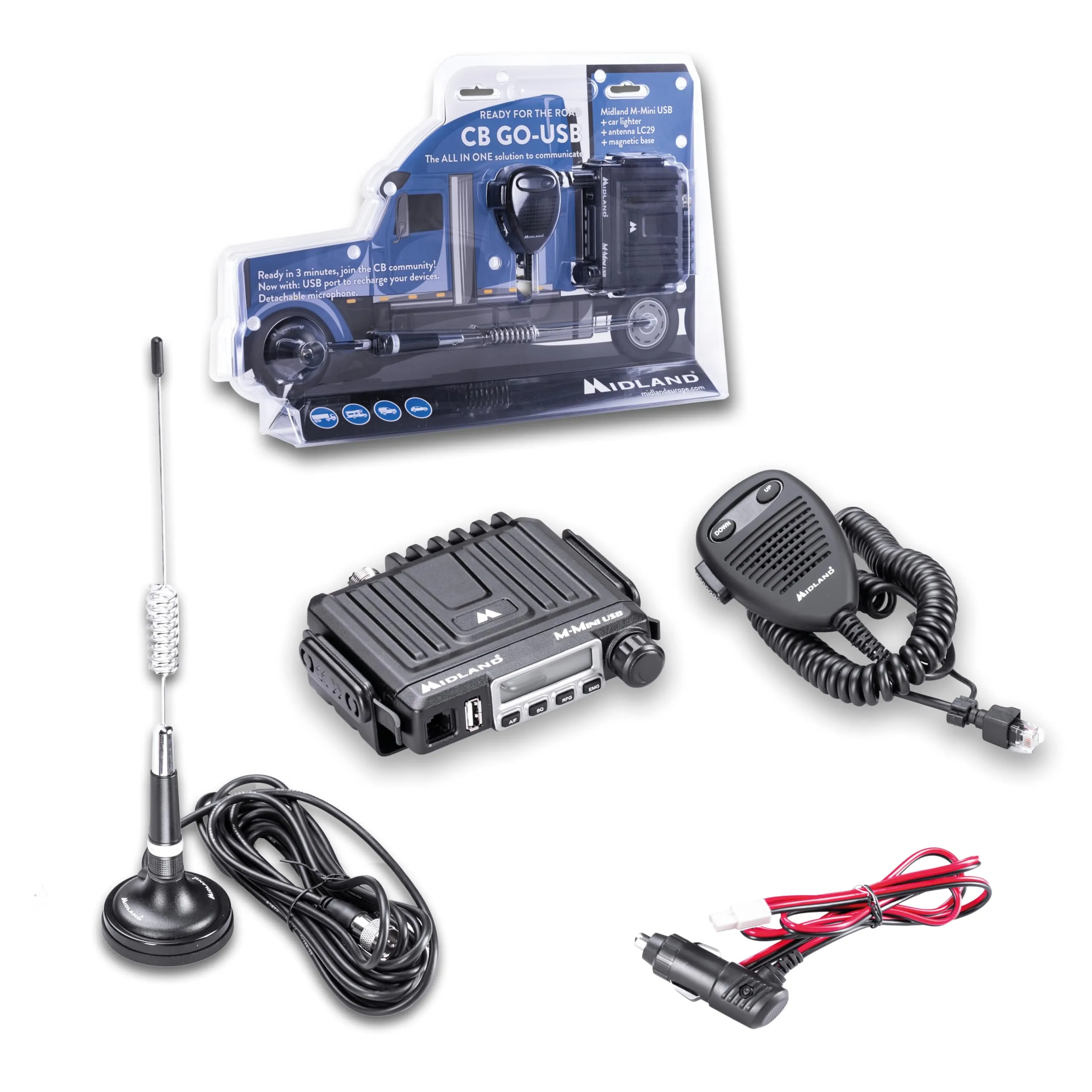 Midland CB GO-USB M-MINI USB Portable Radio, 40 Channels AM/FM, 4W, LCD Display, S-Meter, LC29 Magnetic Antenna - immagine 1