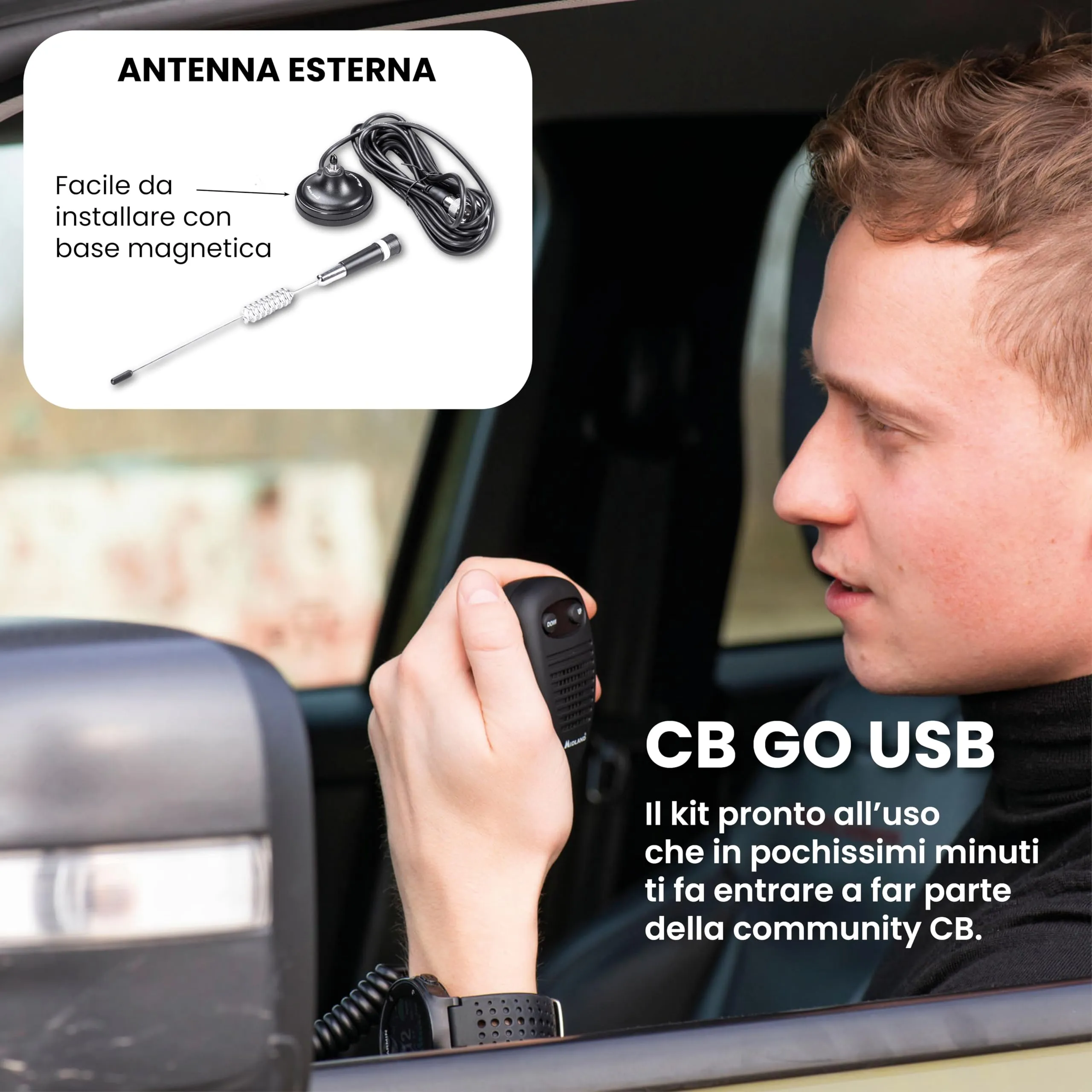 Midland CB GO-USB M-MINI USB Portable Radio, 40 Channels AM/FM, 4W, LCD Display, S-Meter, LC29 Magnetic Antenna - immagine 5