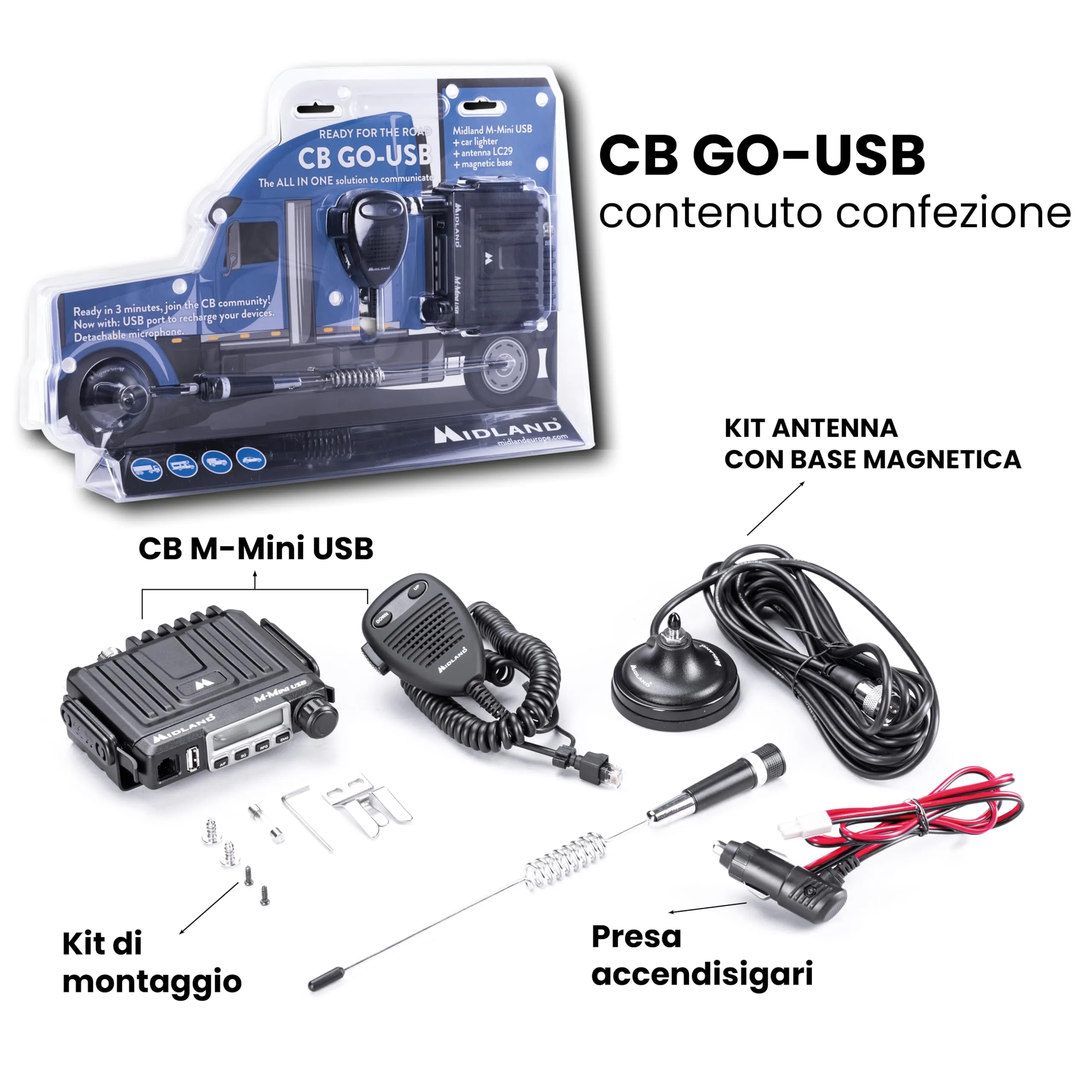 Midland CB GO-USB M-MINI USB Portable Radio, 40 Channels AM/FM, 4W, LCD Display, S-Meter, LC29 Magnetic Antenna - immagine 6
