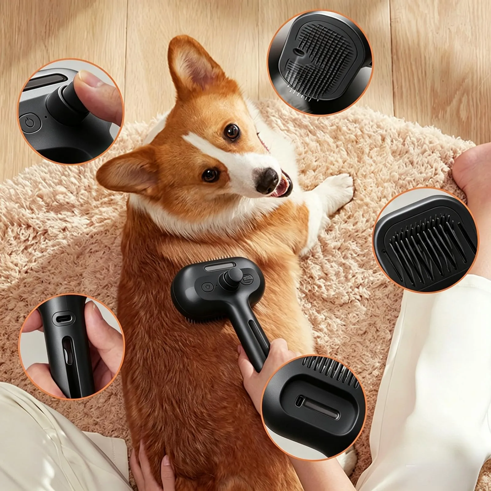 Oskuglin Spazzola a Vapore Freddo 3-in-1 per Cani e Gatti, Pettine Rimuovi Peli con Serbatoio Ricaricabile e Testina in Gel, Nero - immagine 6