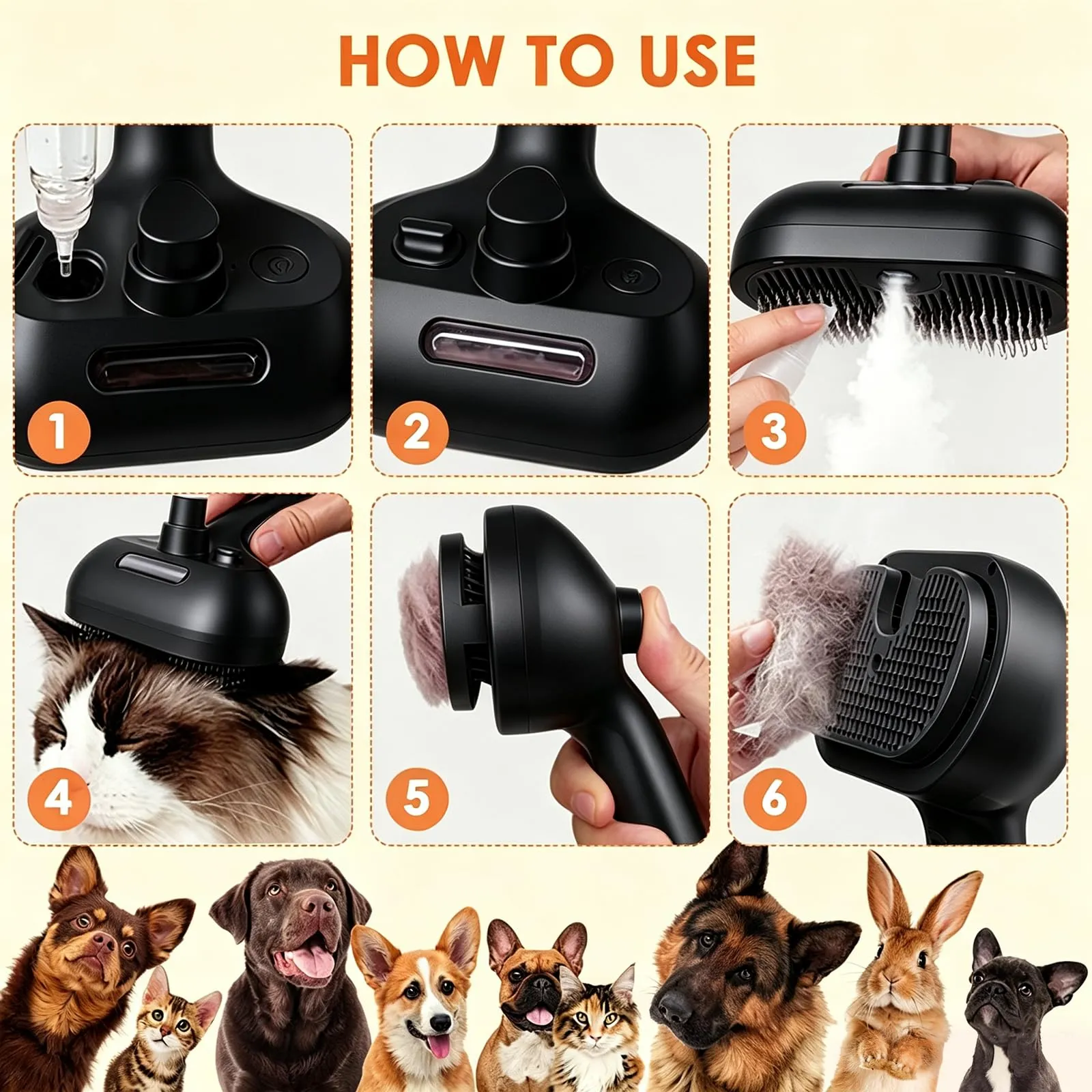 Oskuglin Spazzola a Vapore Freddo 3-in-1 per Cani e Gatti, Pettine Rimuovi Peli con Serbatoio Ricaricabile e Testina in Gel, Nero - immagine 9