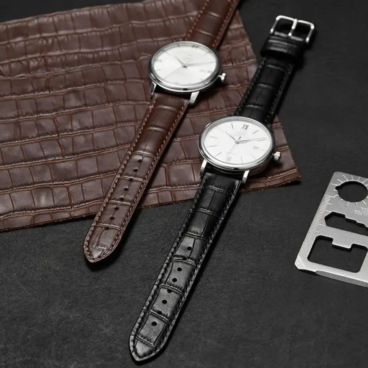 FOUUA Cinturino per Orologio in Pelle Italiana Grana Alligatore 22mm Nero-Argento - immagine 5