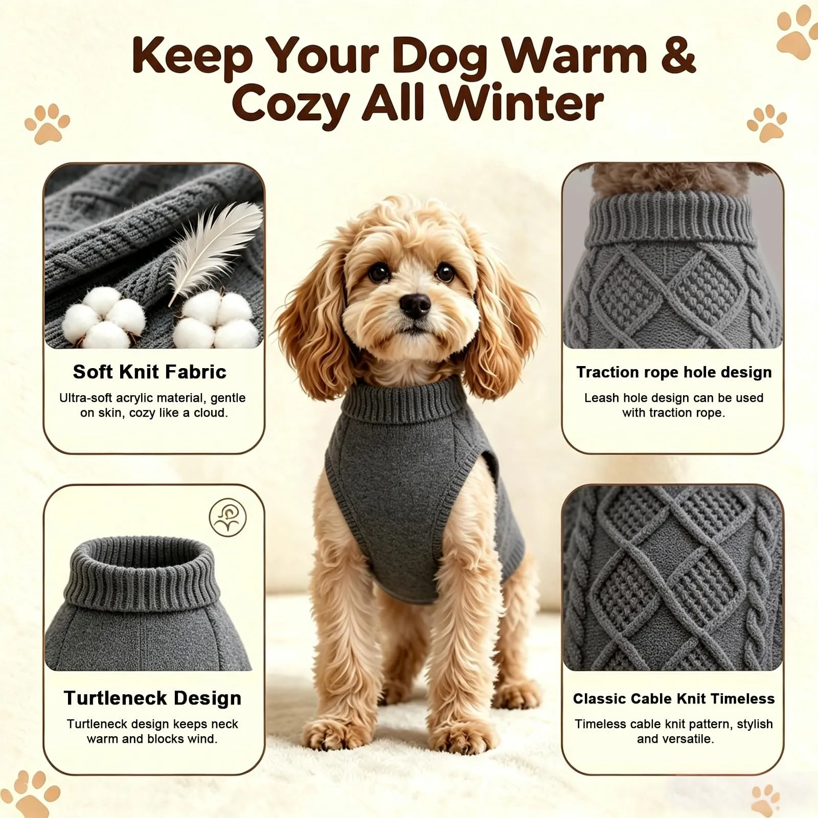 Beyinkoy Maglione a Maglia per Cani, Grigio, Taglia M - immagine 5