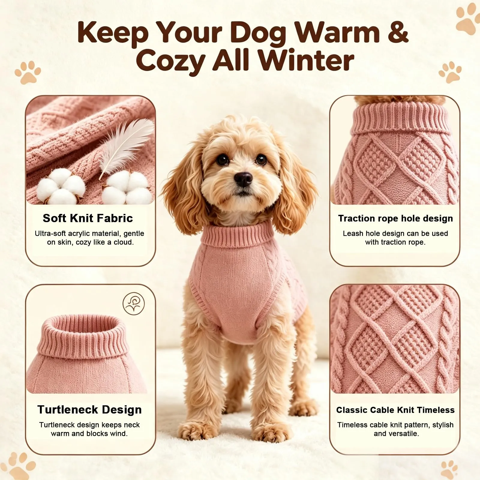 Beyinkoy Maglione lavorato a maglia per cani, rosa, S - immagine 5