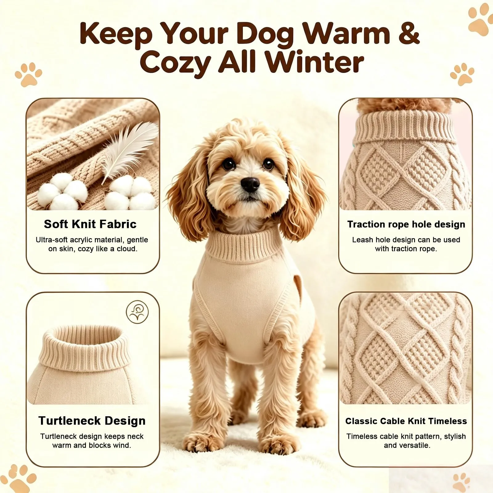 Beyinkoy Maglione a Maglia per Cani, Taglia L, Cachi - immagine 5