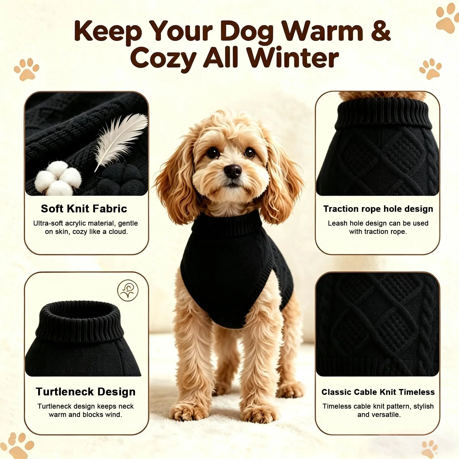 Beyinkoy Maglione lavorato a maglia per cani, Nero, M - immagine 5