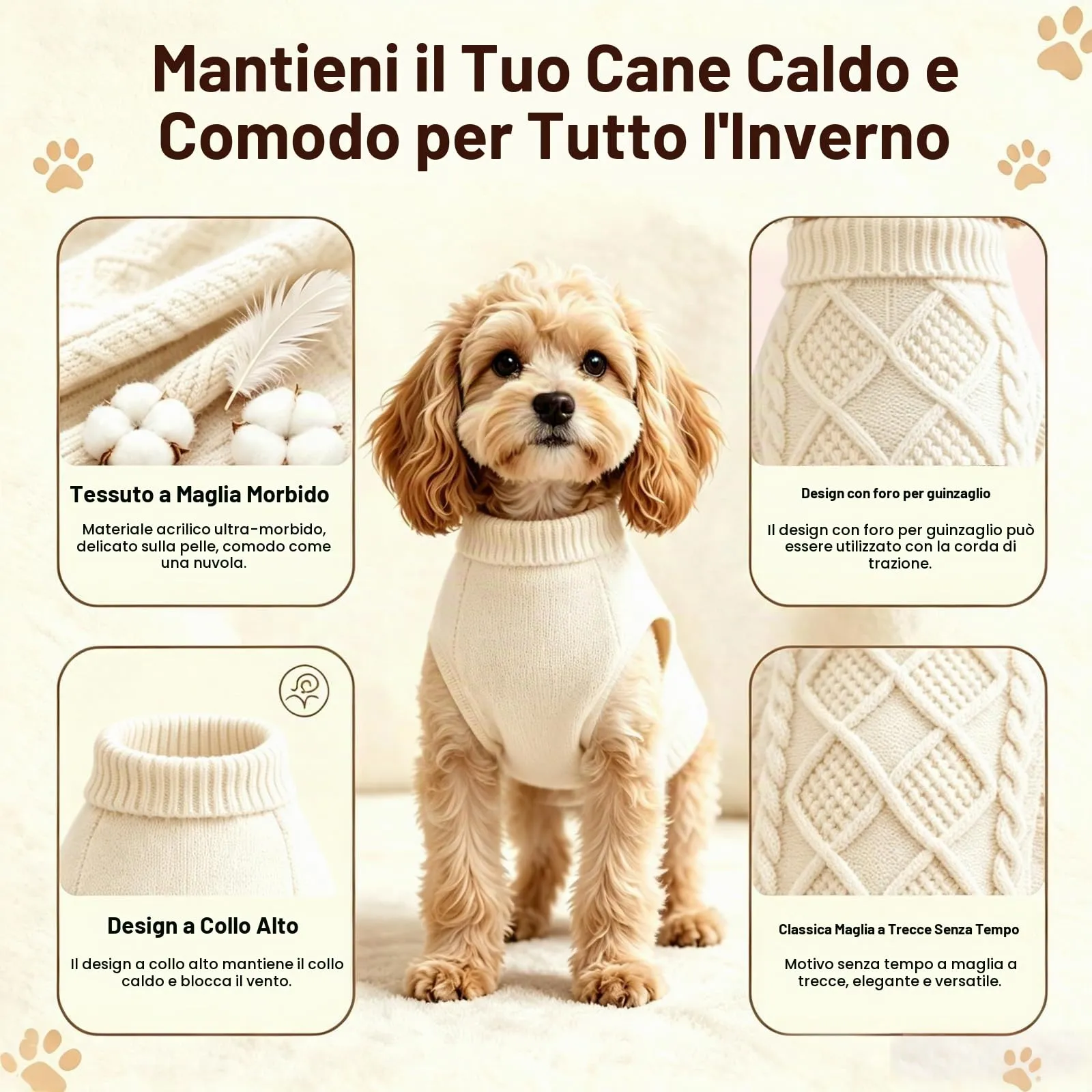 Beyinkoy Maglione a maglia per cani, morbido e caldo, Taglia L, Bianco - immagine 5