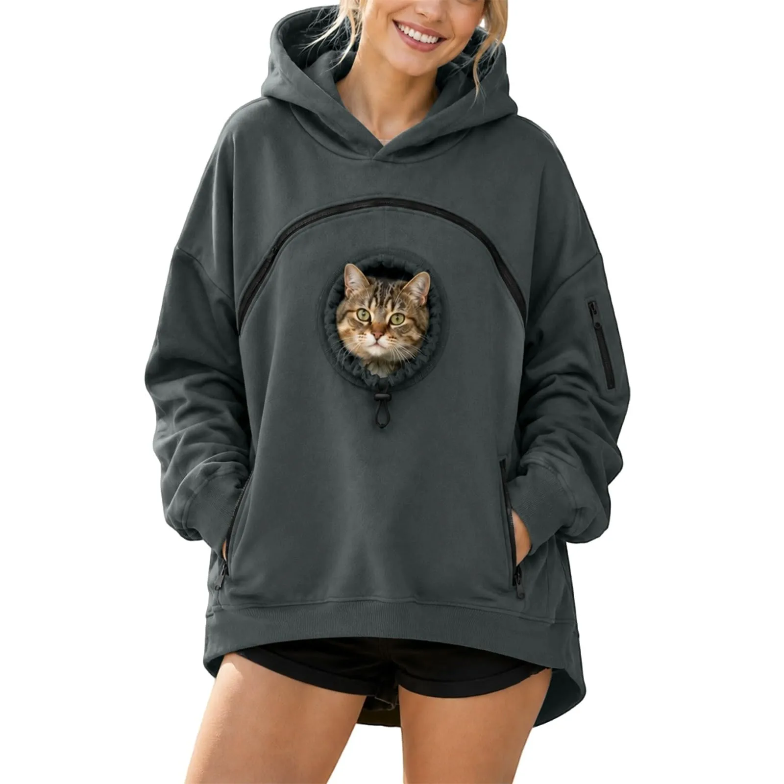 duaicnvow Felpa Donna con Cappuccio e Tasca per Gatto e Cane, Grigio Scuro, L - immagine 1