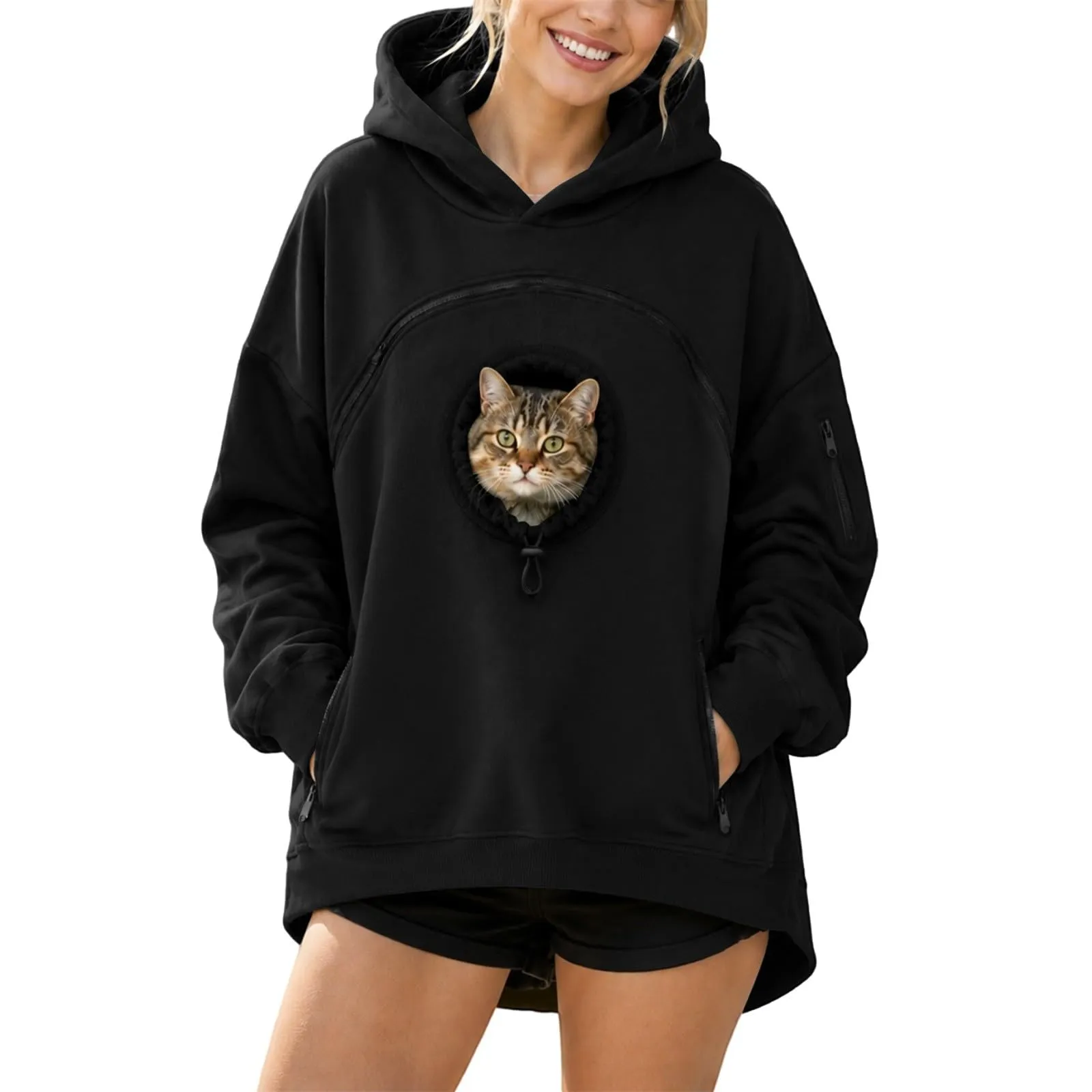duaicnvow Felpa Donna con Cappuccio e Tasca per Gatto e Cani, Poliestere, Nero - immagine 1
