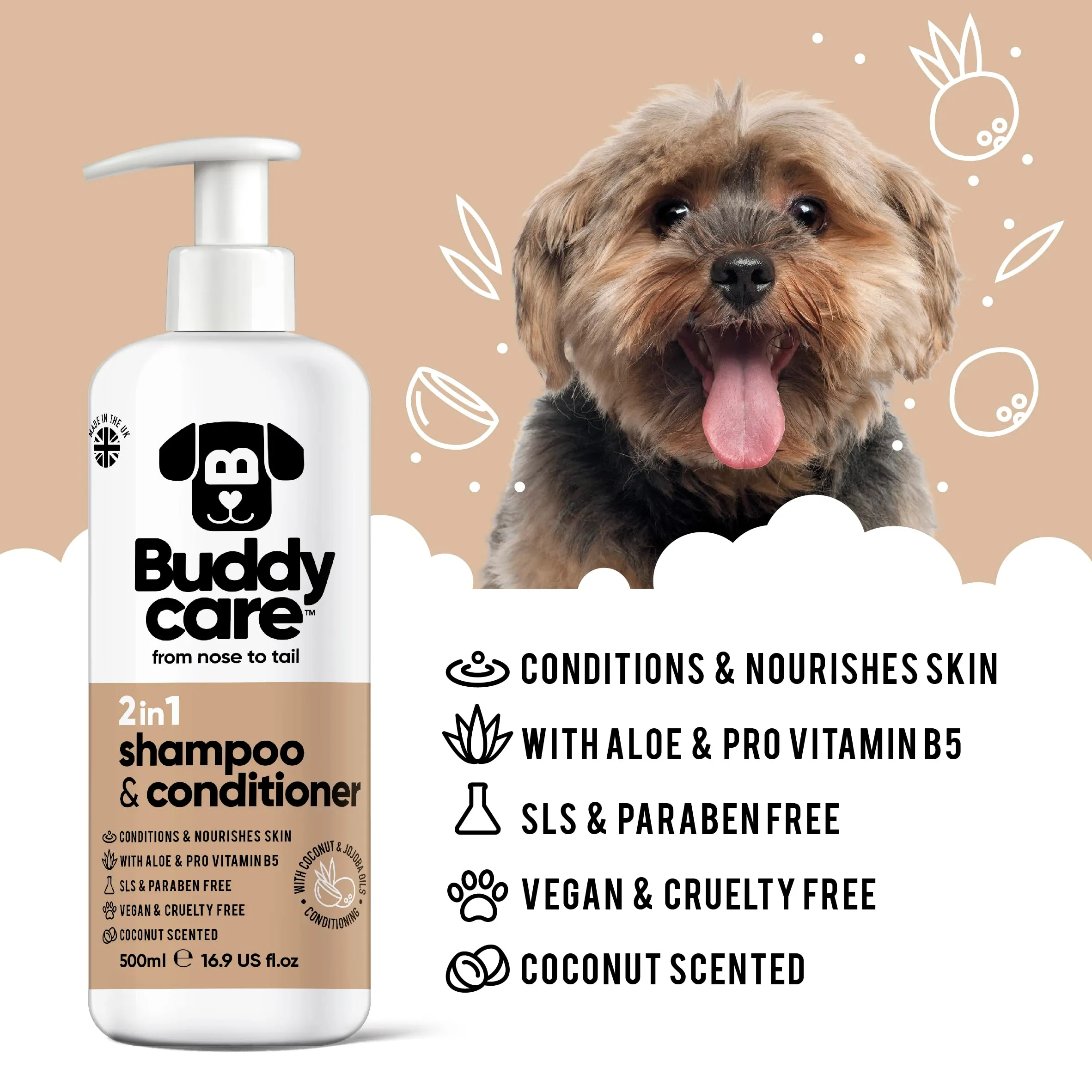 Buddycare Shampoo e Balsamo 2 in 1 per Cani al Cocco con Aloe Vera e Pro Vitamina B5, 500 ml - immagine 2