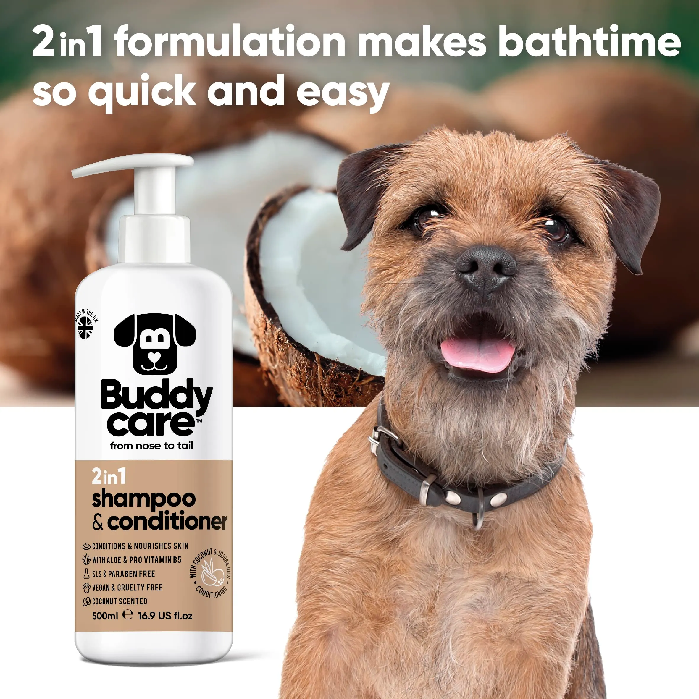 Buddycare Shampoo e Balsamo 2 in 1 per Cani al Cocco con Aloe Vera e Pro Vitamina B5, 500 ml - immagine 3