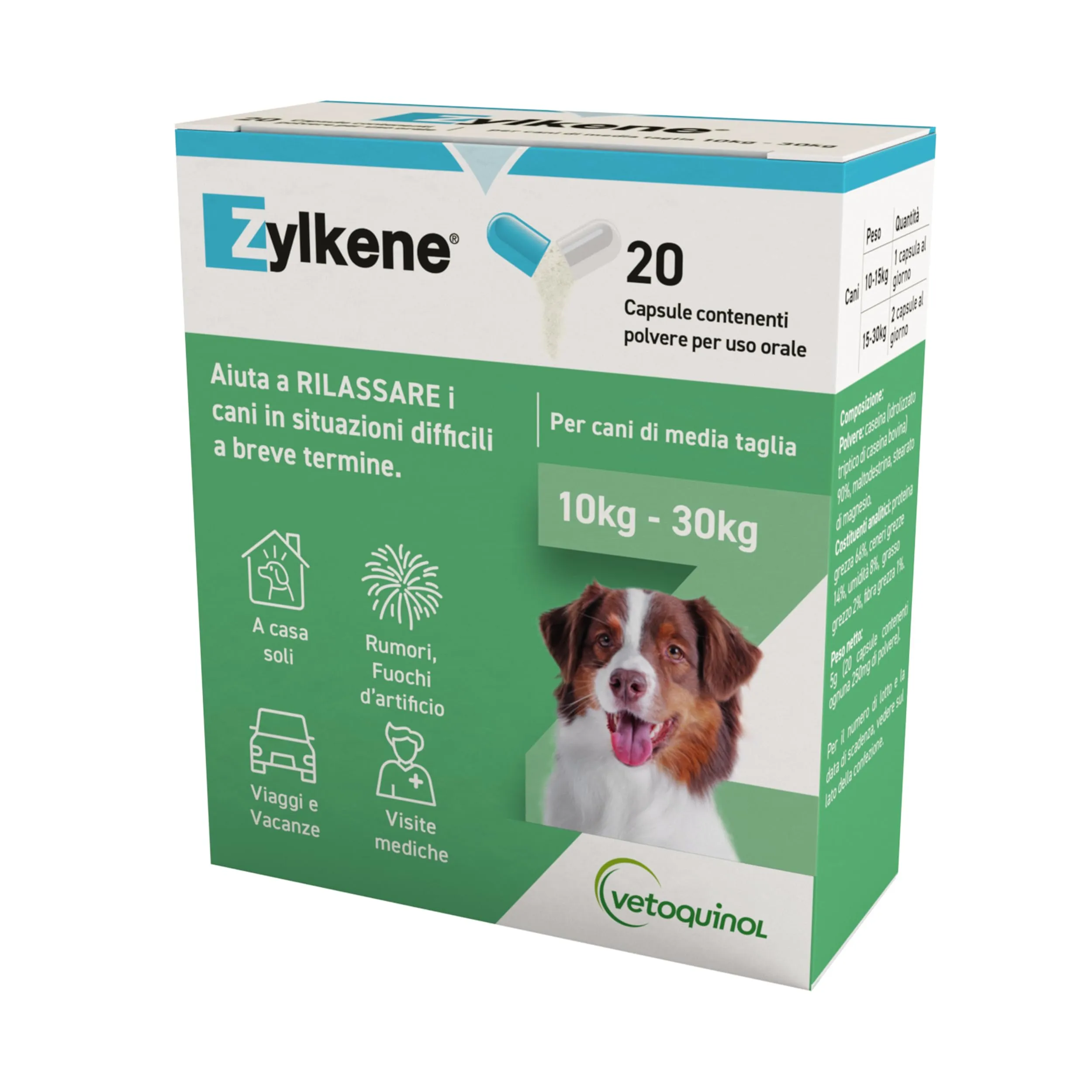 Vetoquinol Zylkene Mangime Complementare per Cani di Taglia Media (10-30 kg), 225 mg, 20 capsule - immagine 1