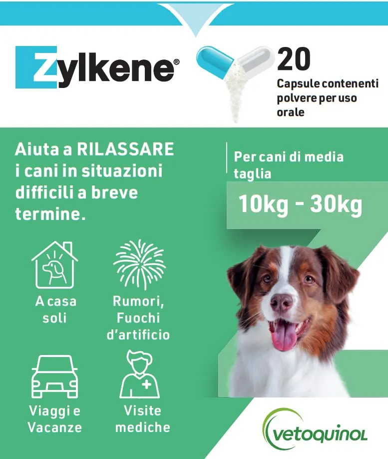 Vetoquinol Zylkene Mangime Complementare per Cani di Taglia Media (10-30 kg), 225 mg, 20 capsule - immagine 2