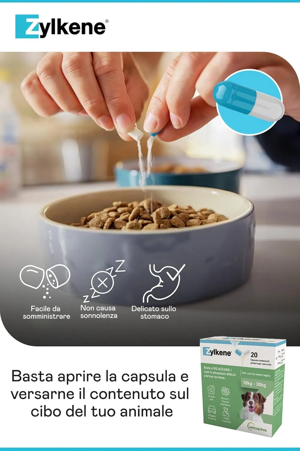 Vetoquinol Zylkene Mangime Complementare per Cani di Taglia Media (10-30 kg), 225 mg, 20 capsule - immagine 6