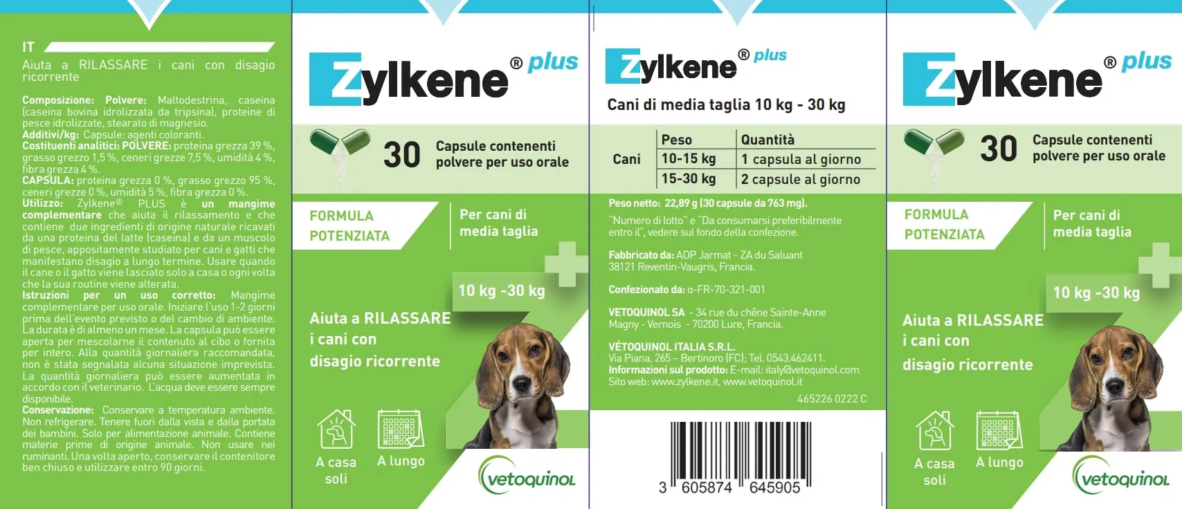 Vetoquinol Zylkene Plus Mangime Complementare per Cani 10-30 kg, 225 mg, 30 capsule - immagine 2